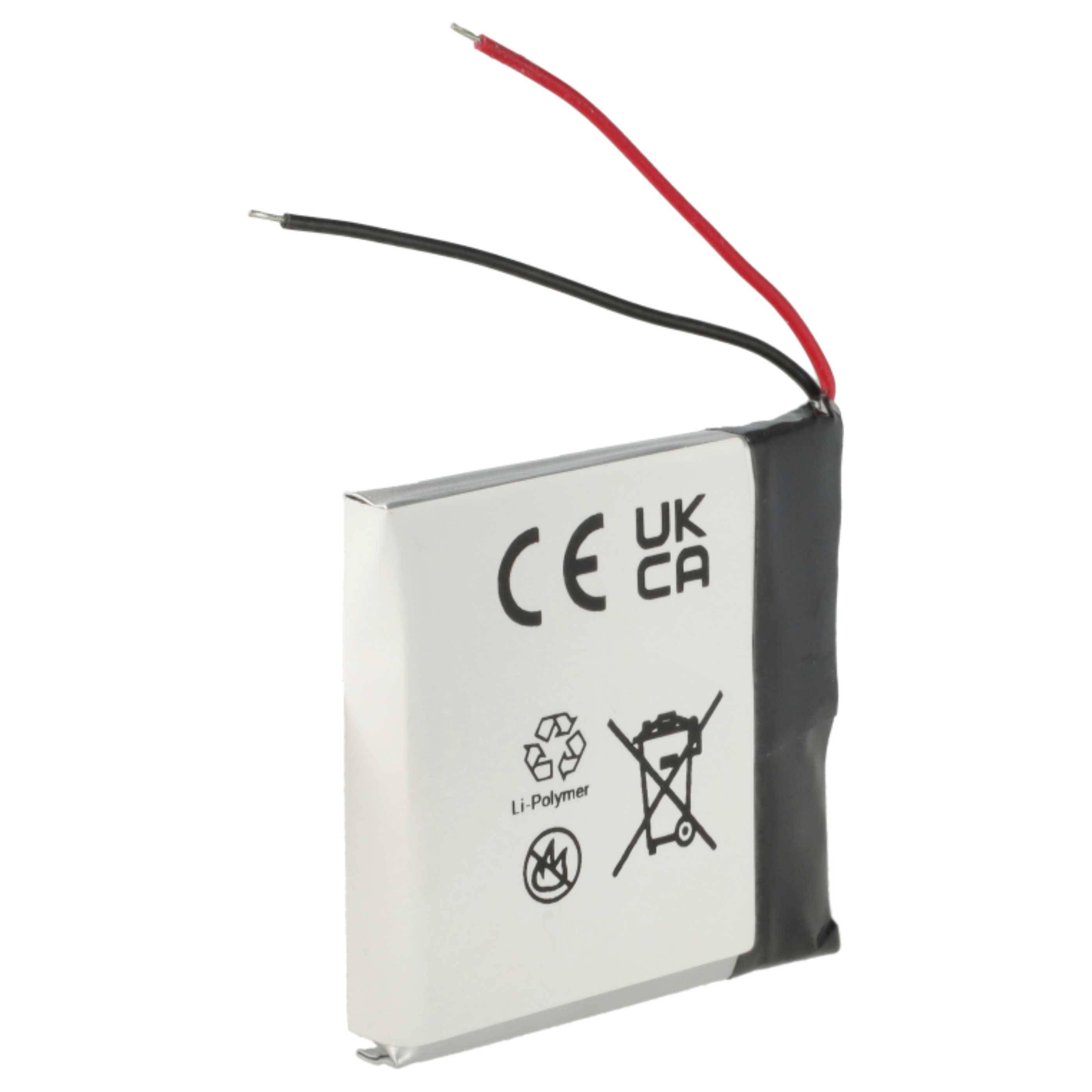 Ein rechteckiger Lithium-Polymer-Akku mit roten und schwarzen Kabeln. Symbole zeigen „CE