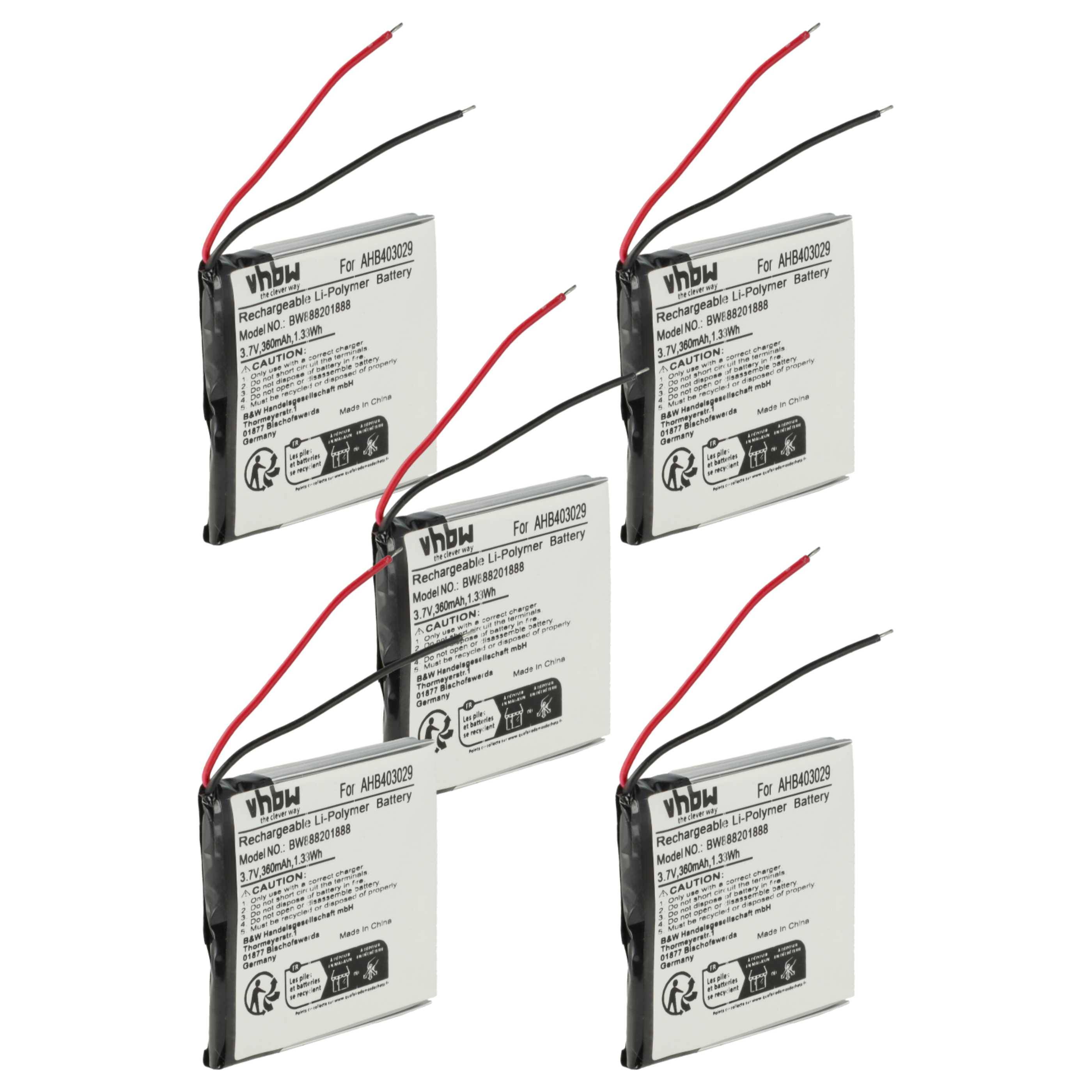 Fünf wiederaufladbare Li-Polymer-Batterien mit roten und schwarzen Kabeln, gekennzeichnet mit „For A18A02330
