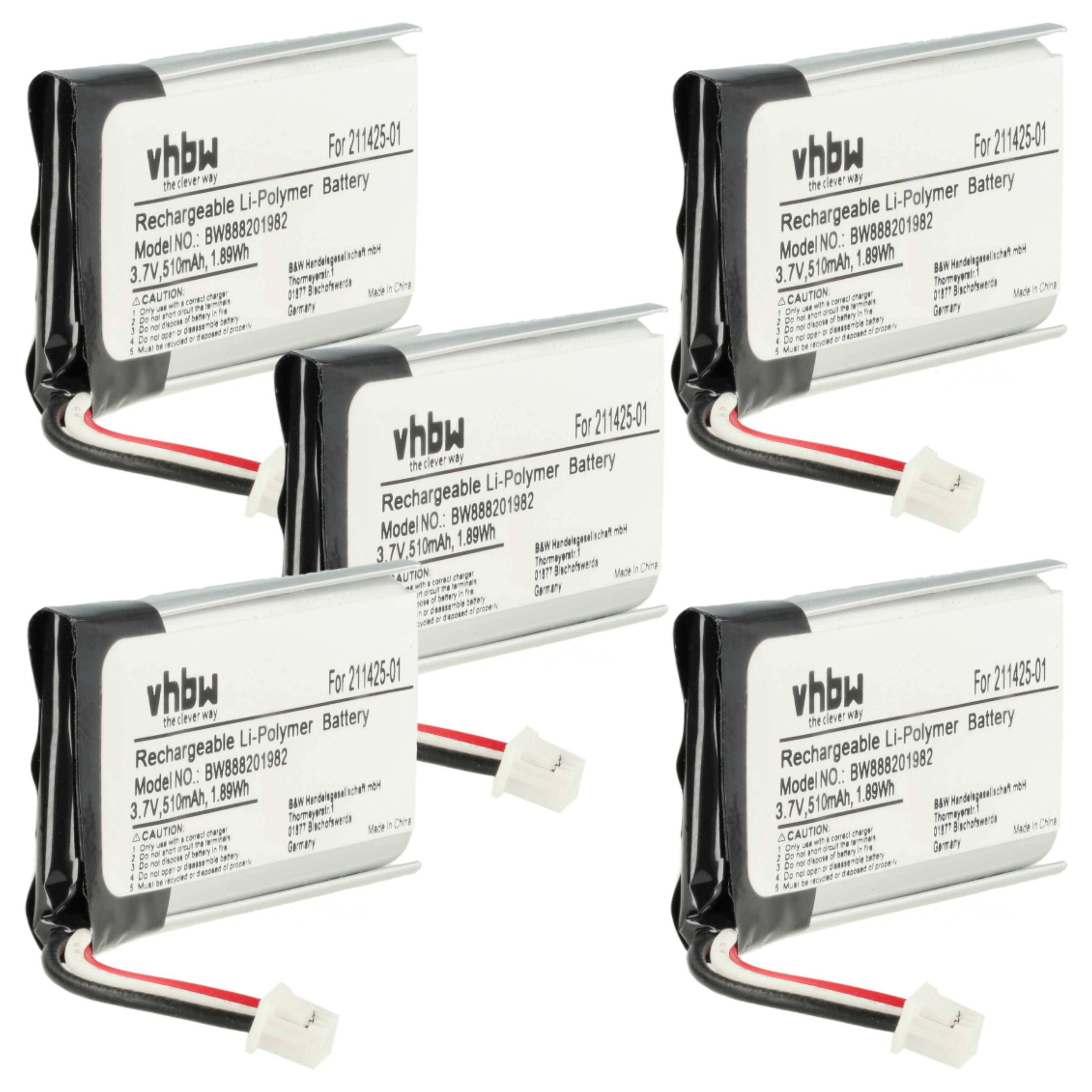 vhbw 5x Akku Ersatz für Plantronics 211425-01, 202555-01 für Wireless Headset Kopfhörer (510 mAh, 3,7 V, Li-Polymer)