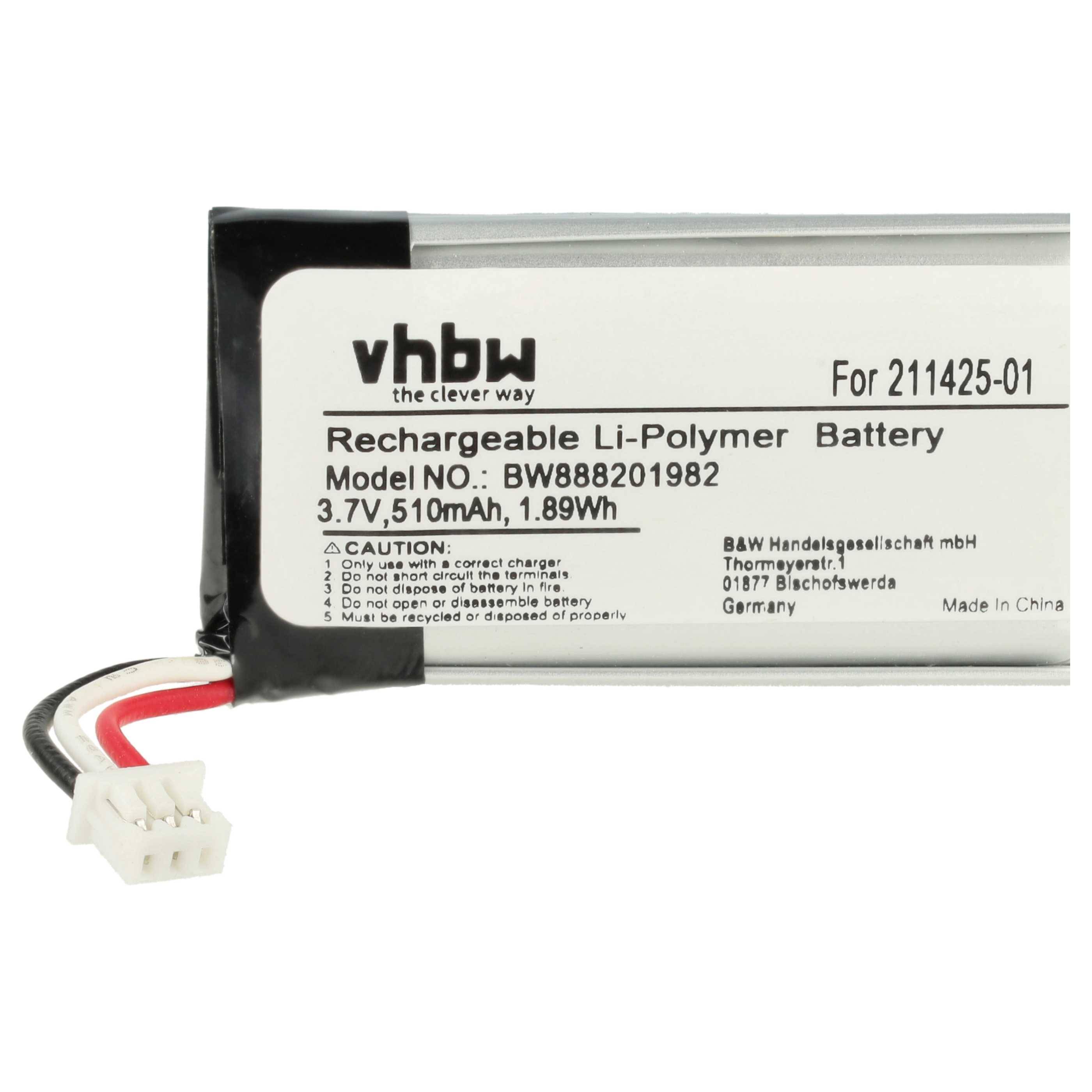 # Wiederaufladbare Li-Polymer-Batterie mit Modellnummer BW888201982, 3.7V, 510mAh, 1.89Wh. Enthält Sicherheitswarnungen und Herstellungsdetails.