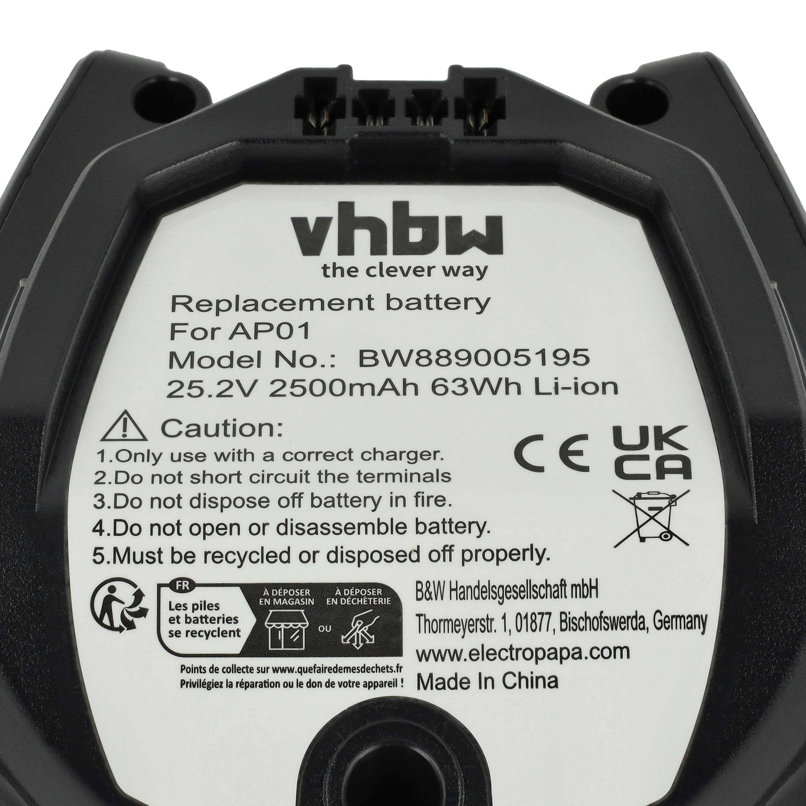 vhbw Ersatzbatterie für AP01, Modellnummer: BW8890Li-15, 25,2V 2500mAh 63Wh Li-Ion. Vorsicht: 1. Nur mit dem korrekten Ladegerät verwenden. 2. Nicht auseinandernehmen. 3. Sachgemäß entsorgen. 4. Nicht dem Feuer aussetzen.