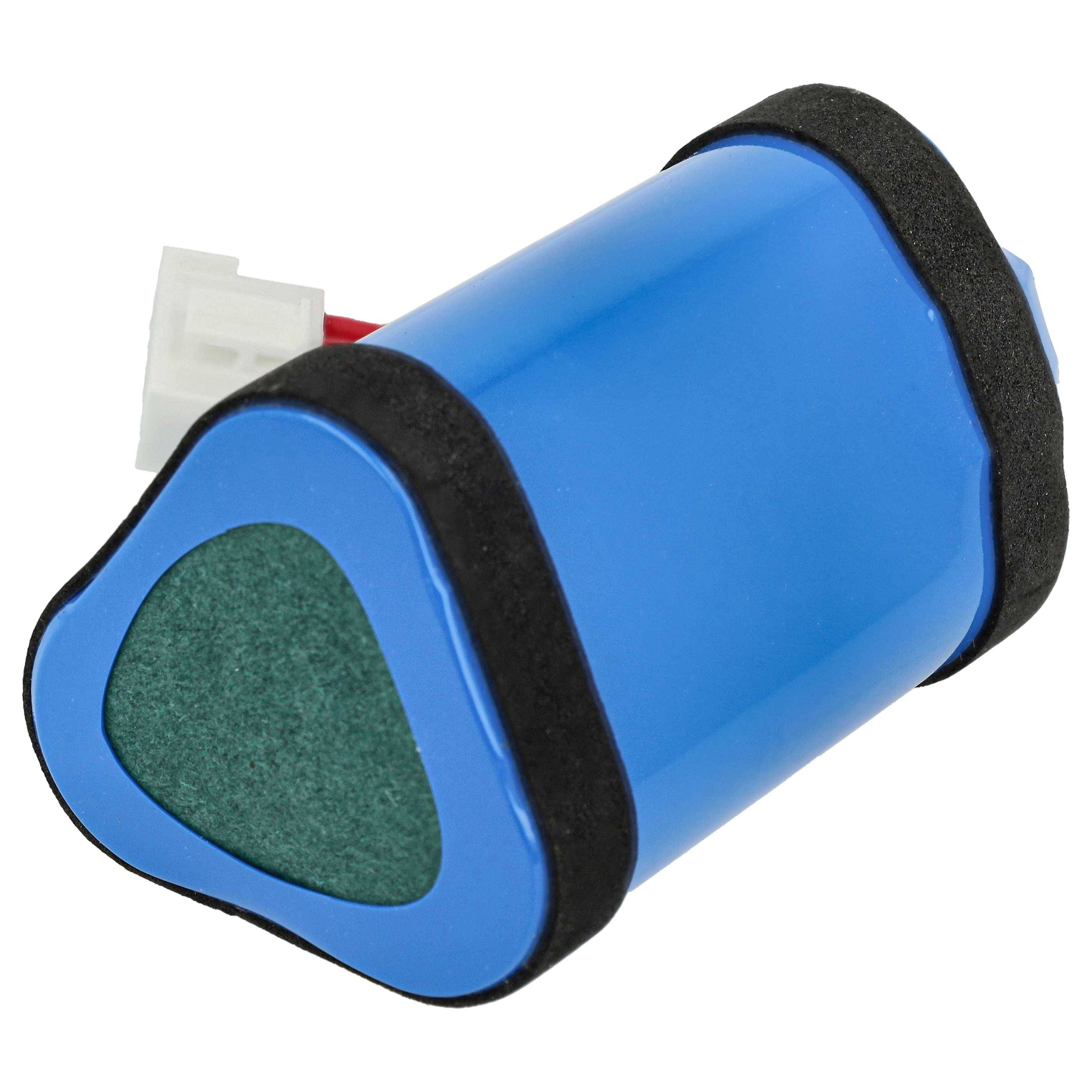 Blauer wiederaufladbarer Akku mit dreieckiger Form, bedeckt mit schwarzer Schaumstoffpolsterung und ein kleiner Stecker mit roten und weißen Drähten.