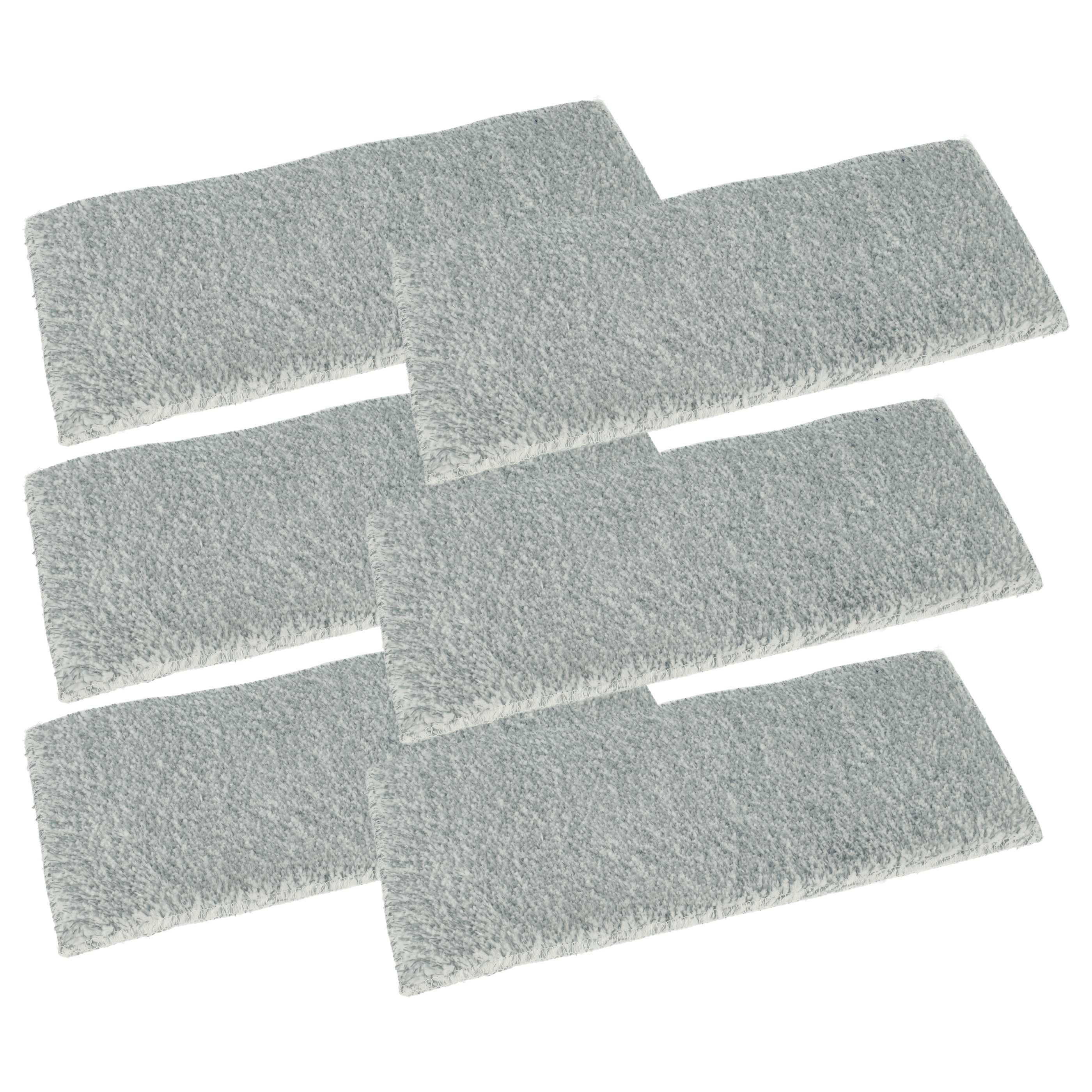 Sechs rechteckige, graue Mikrofaser-Reinigungstücher in einem versetzten Muster angeordnet.