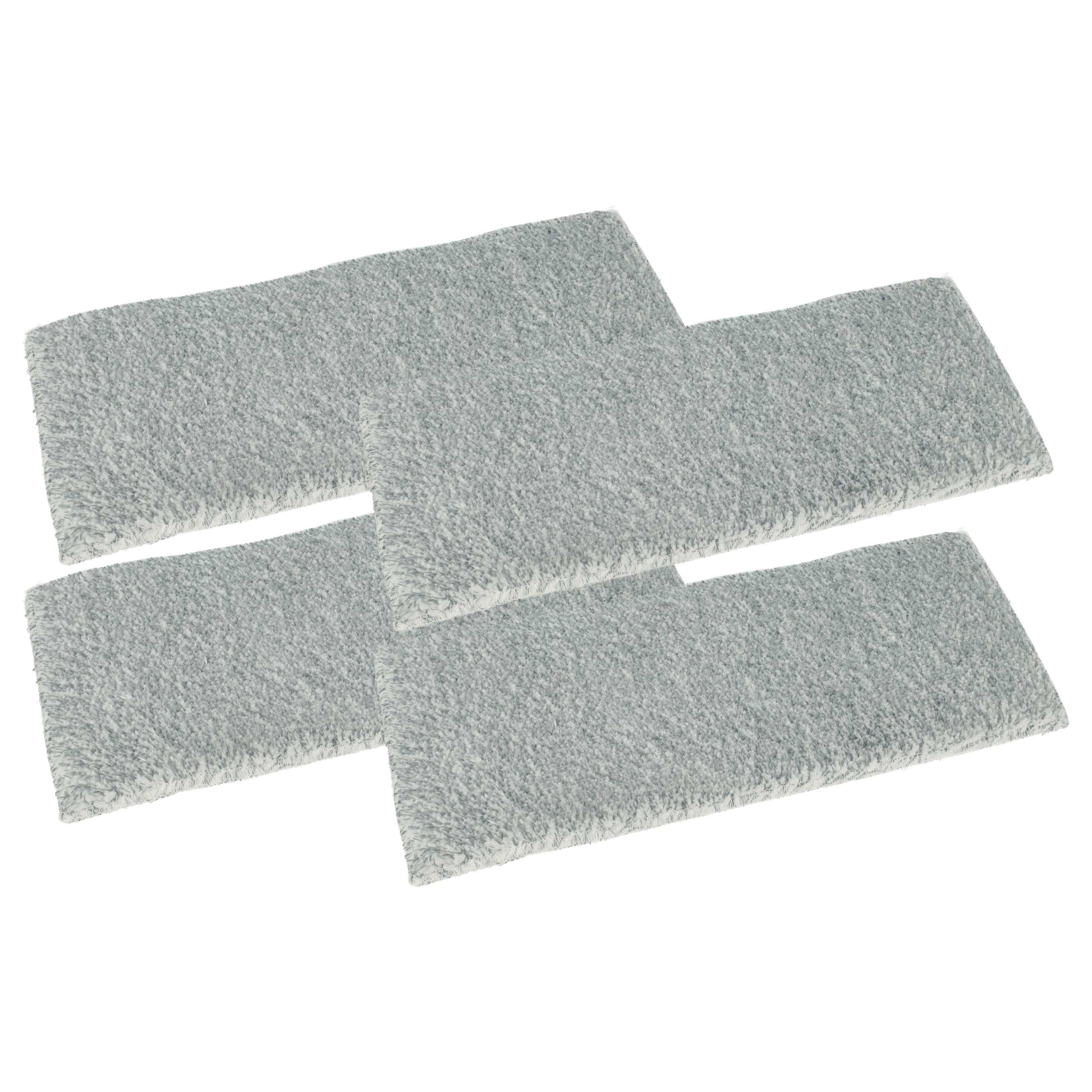 Vier graue rechteckige Wischtücher mit einer weichen Textur sind in einem leicht überlappenden Muster angeordnet.