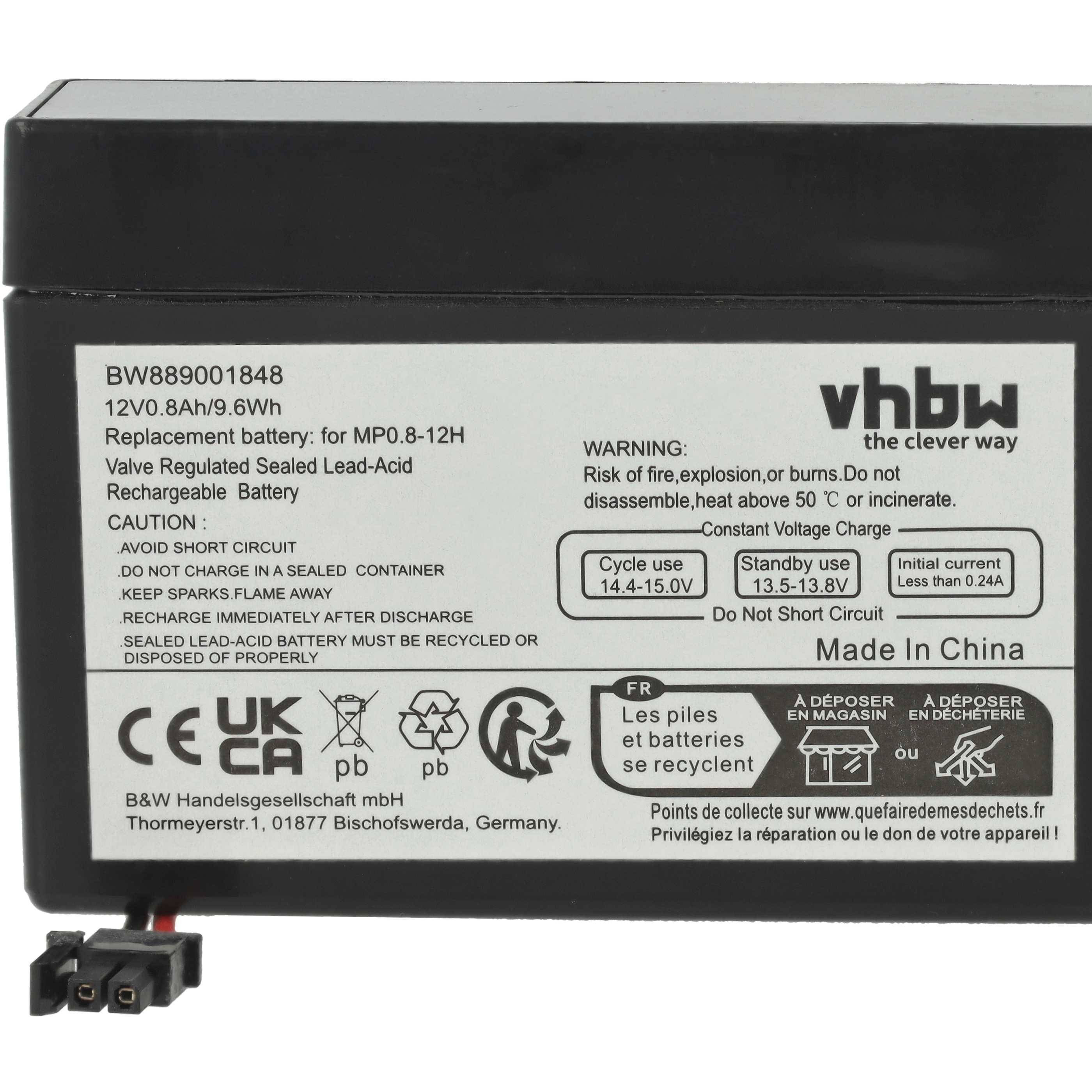 Eine schwarze und weiße versiegelte Bleisäurebatterie mit der Aufschrift 'vhbw' mit technischen Daten und Warnhinweisen, die Recycling-Symbole und den Aufdruck 'Made in China' zeigt.