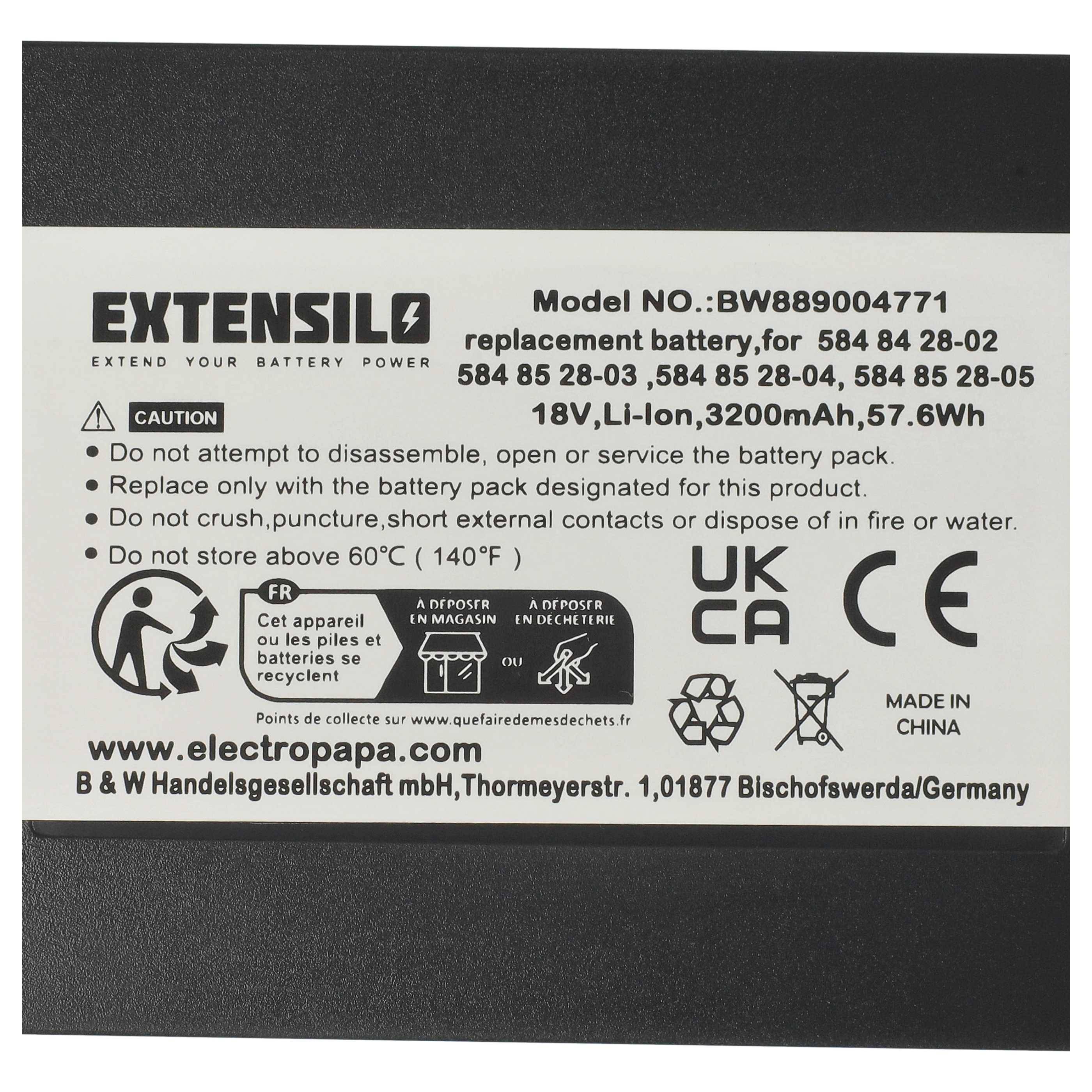 EXTENSILO Akku Ersatz für Gardena 5848228-01, 5848428-02, 584 84 28-02 für Rasenroboter (3,2Ah, 18V, Li-Ion)