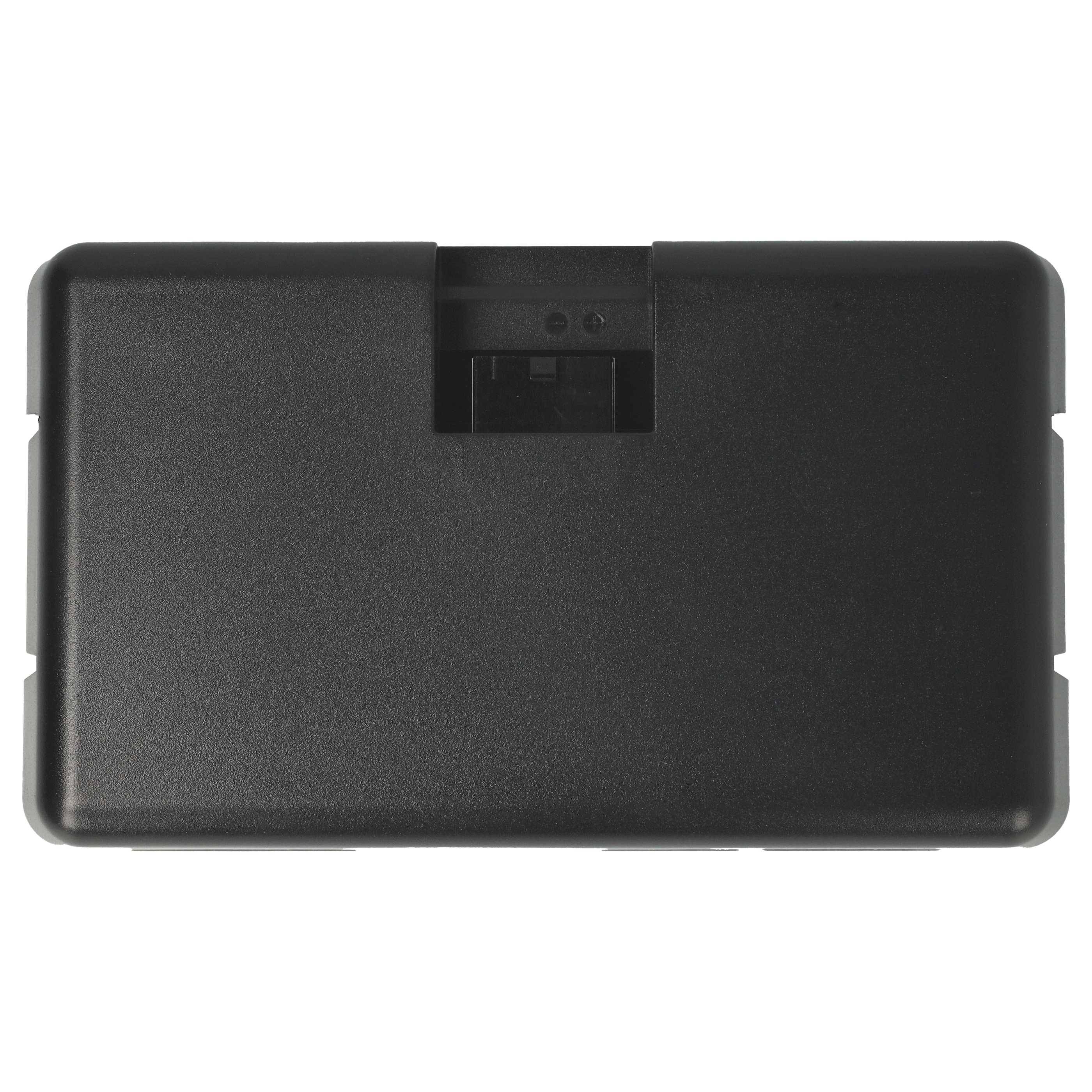 Ein rechteckiges schwarzes Kunststoff-Elektronikgerät, von hinten betrachtet, mit einem zentralen Fach für eine Batterie oder ähnliche Komponente.