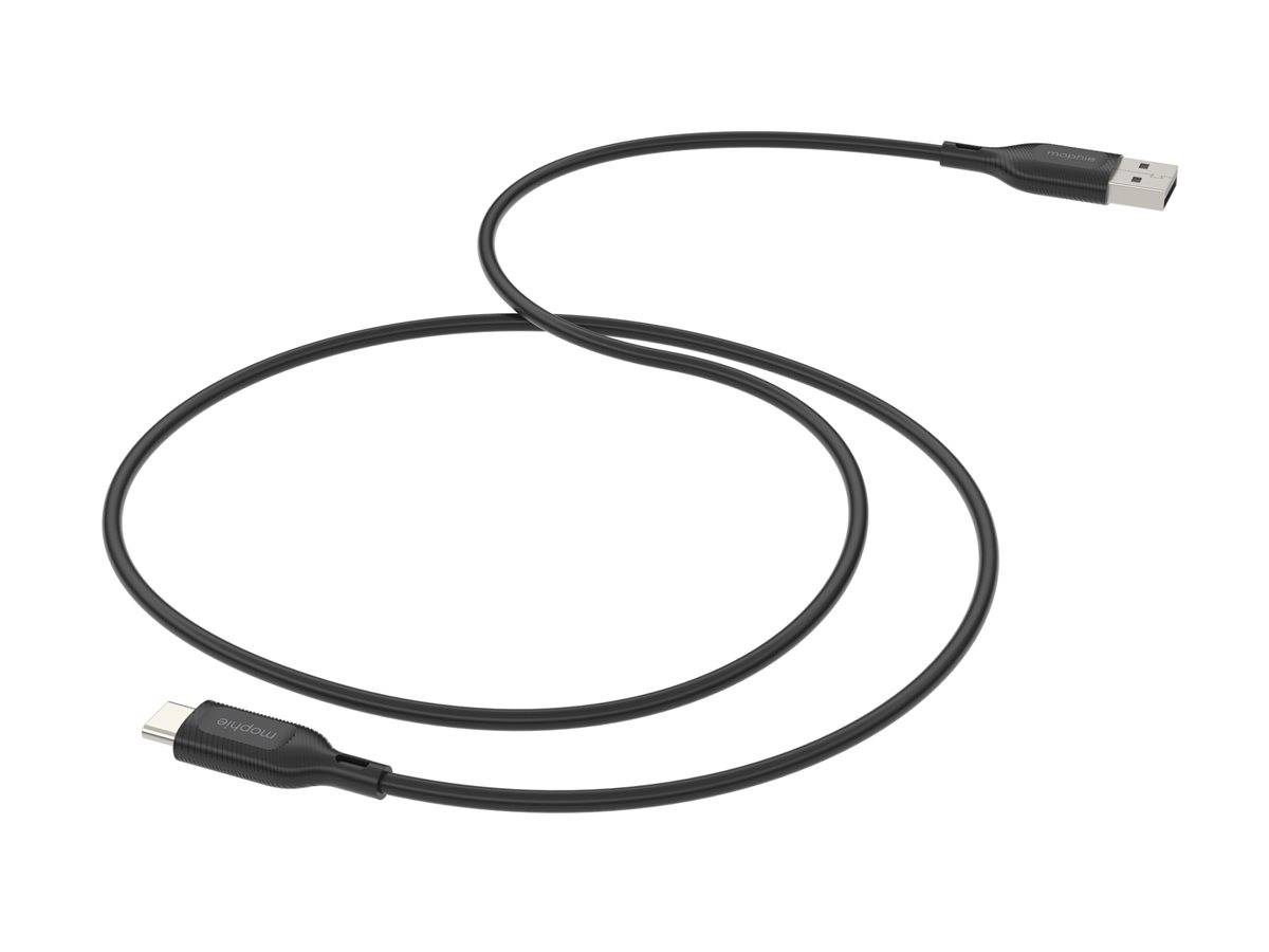 Ein schwarzes USB-C-Ladekabel mit Anschlüssen an beiden Enden, in Form eines S aufgerollt, vor einem weißen Hintergrund.