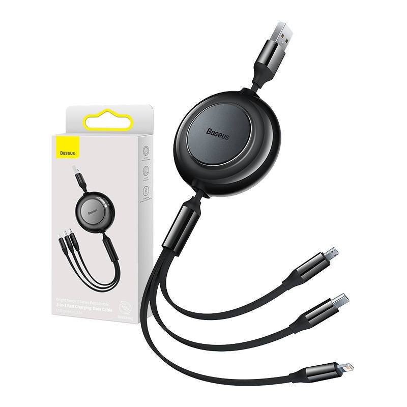 Baseus Bright Mirror 2 3in1-ausziehbares Kabel – USB-A zu USB-C / Lightning / Micro-USB –Schwarz
