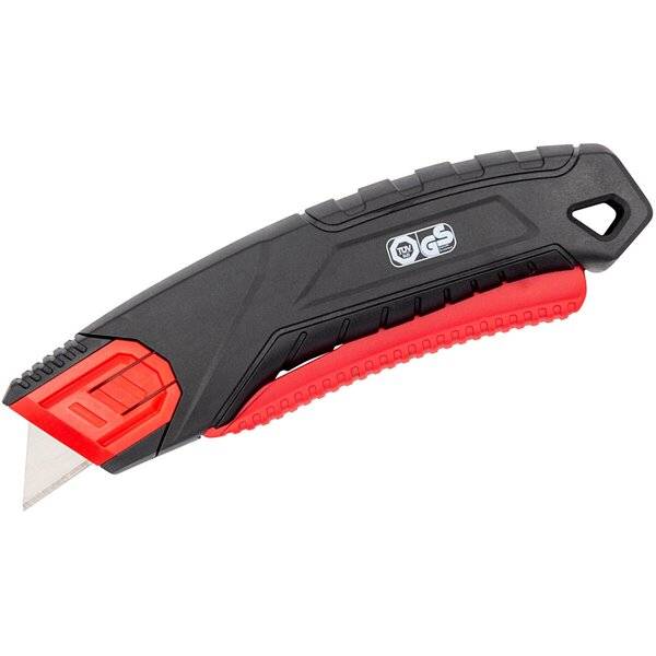 Schwarz-rotes einziehbares Universalmesser mit freiliegender Klinge auf weißem Hintergrund.