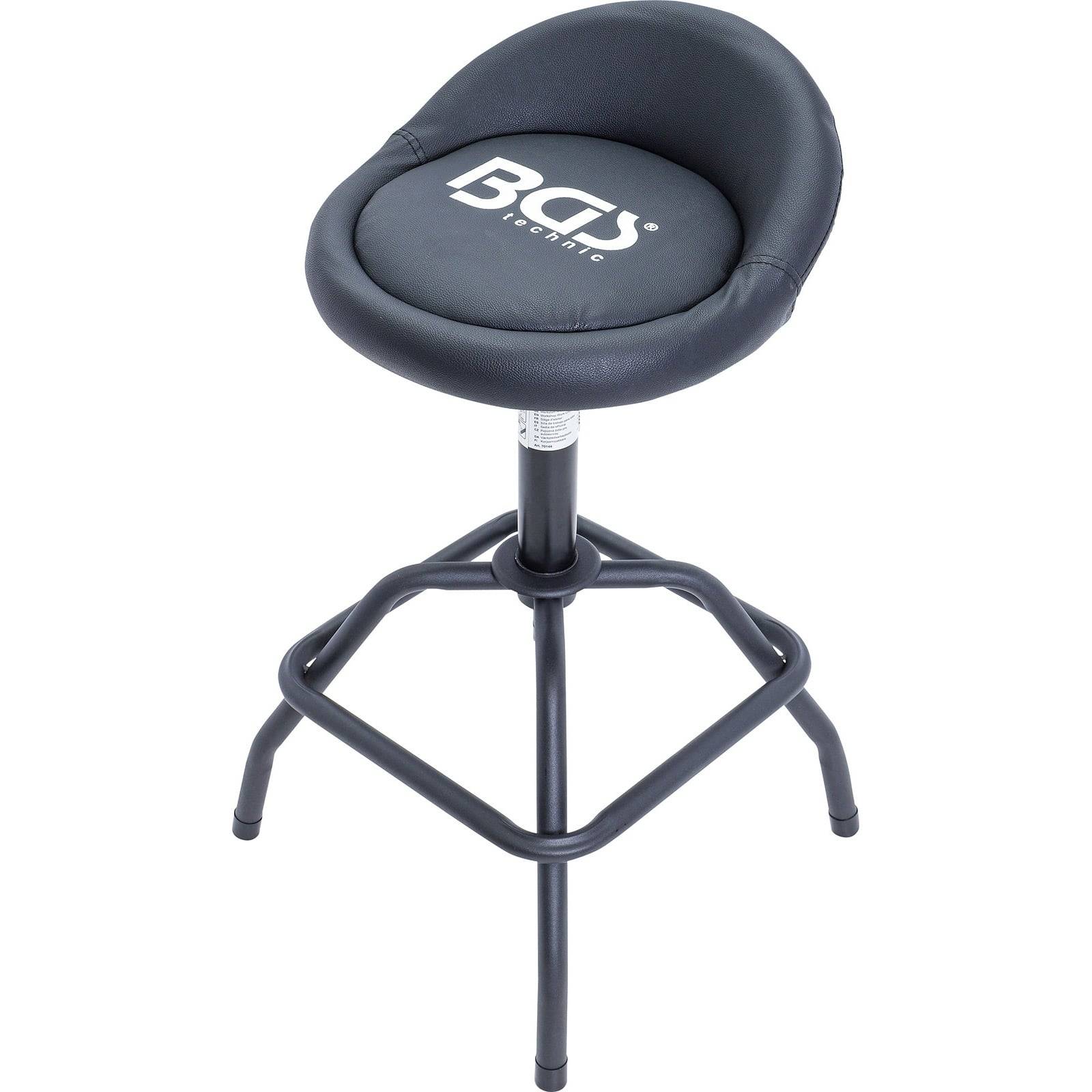 Ein schwarzer Metallbarhocker mit gepolstertem Sitz, gekennzeichnet mit 'BGS technic'.