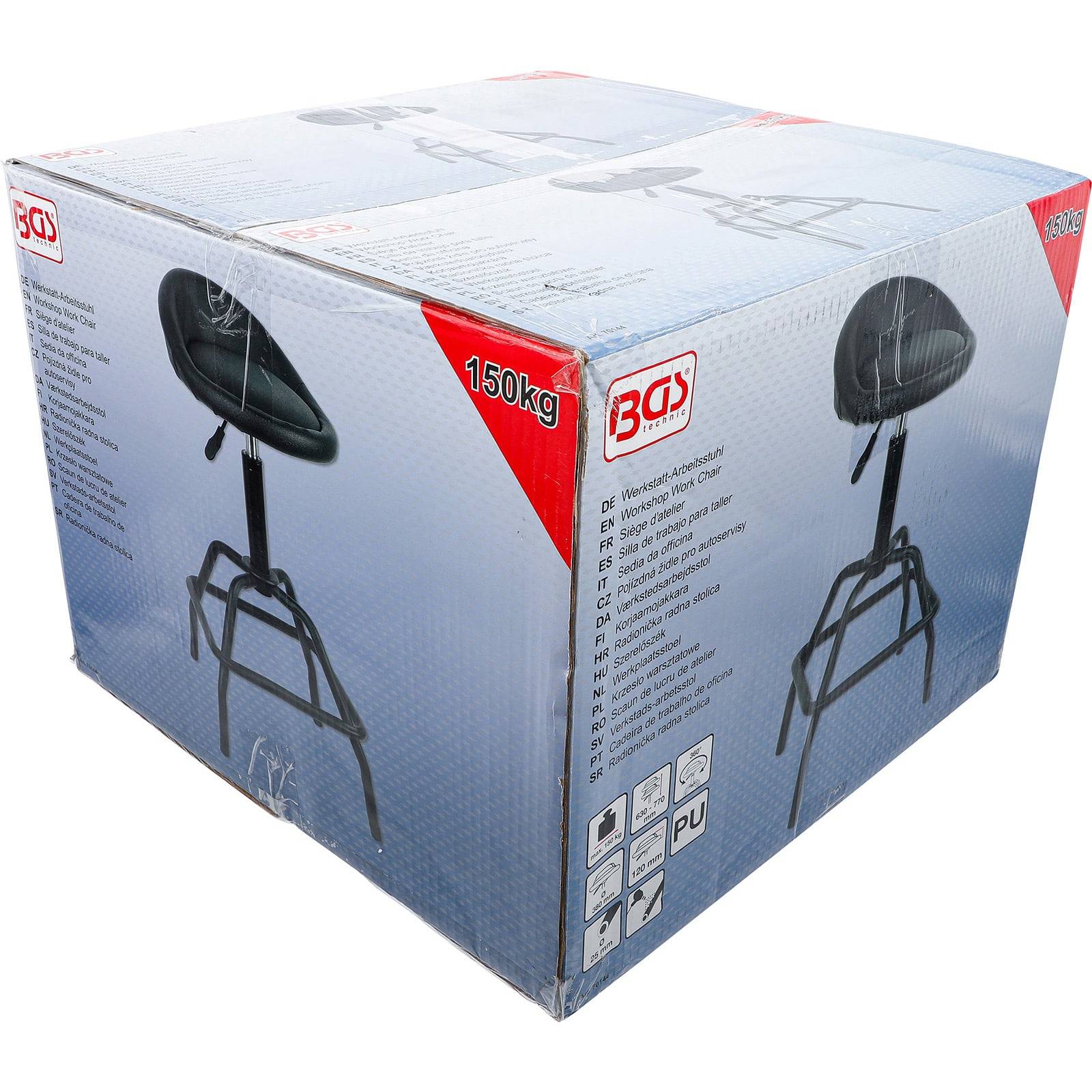 Eine blaue Verpackungsbox eines BOS-Stuhls, die sein Bild und Spezifikationen enthält, einschließlich einer Gewichtslast von 150 kg.