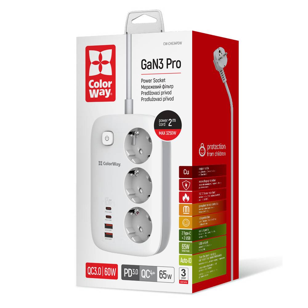 ColorWay-Steckdose. Überspannungsschutz. 2m Kabel. 3-Wege-Steckdosenleiste. 4 USB. USB-Auto-ID. Bis zu 3,4 A max. Stilvolles Design. Schwarz
