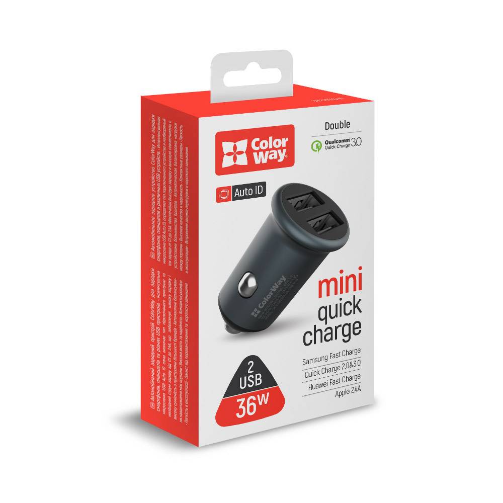 ColorWay Autoladegerät. Zigarettenanzünder. 36 W. 2 USB. Quick Charge 3.0. Auto-ID-Chip. Quick Charge 2.0 & 3.0