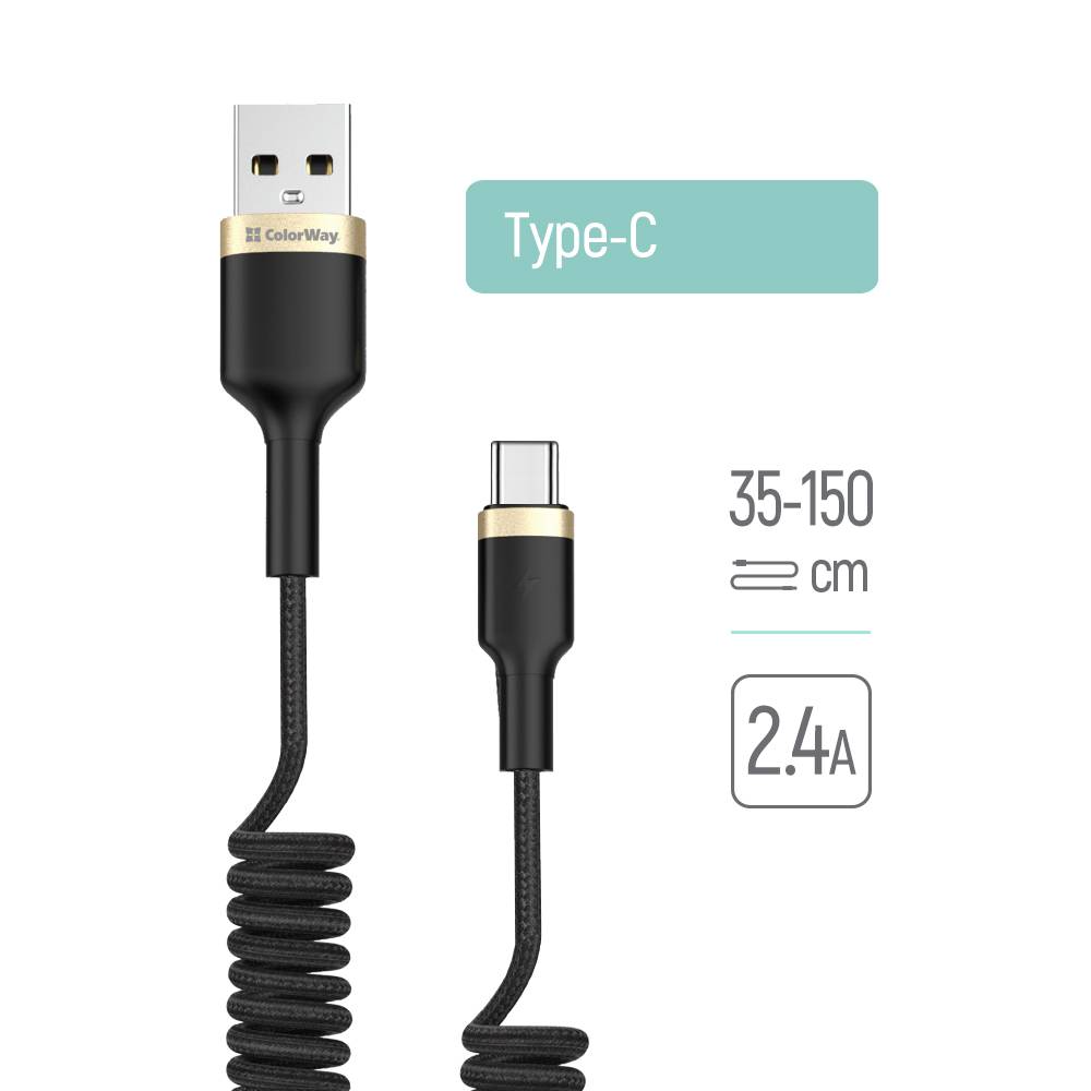 Ladekabel ColorWay USB - Typ-C (Spirale) 2,4A 35-150cm schwarz