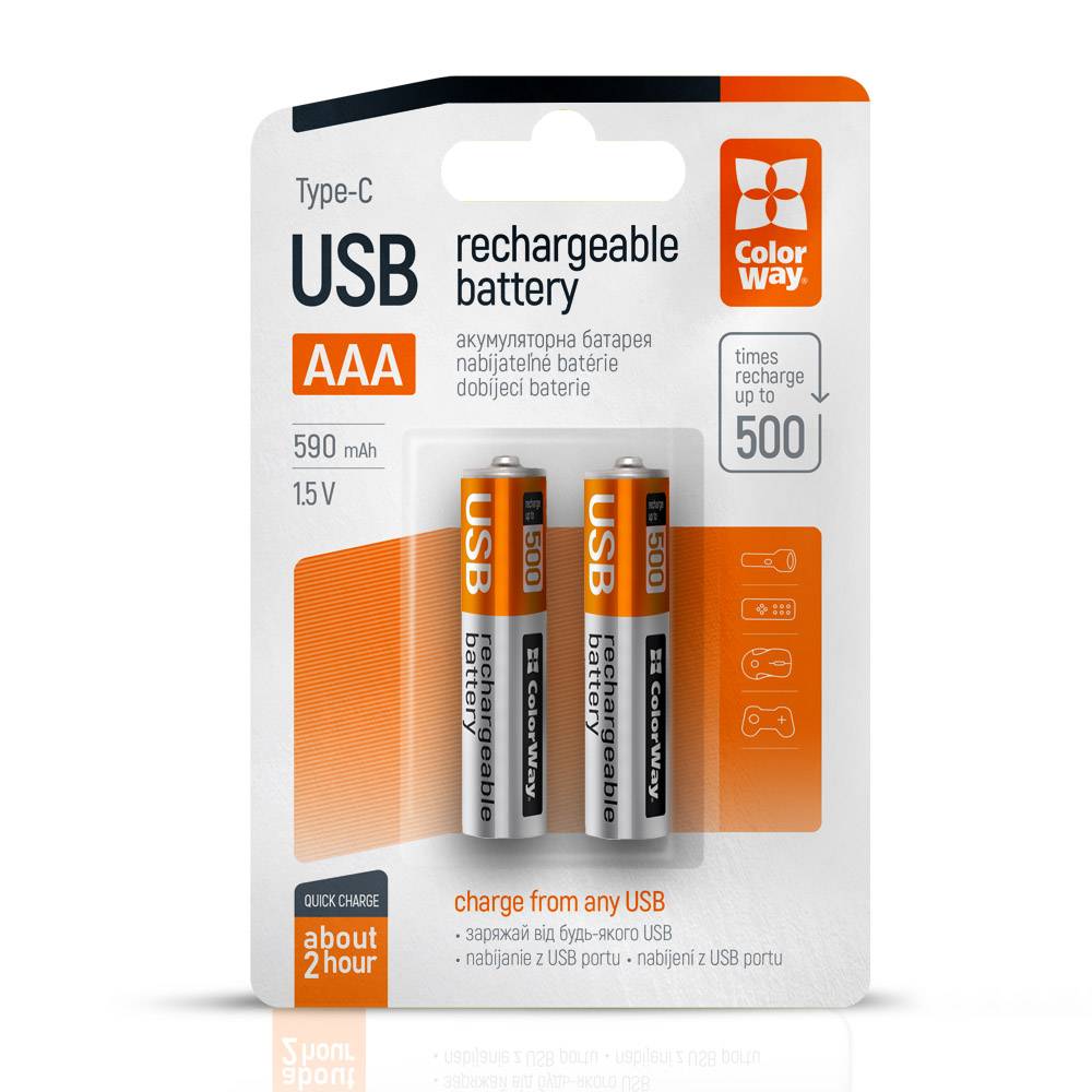 Wiederaufladbare Batterie ColorWay AAA USB-C 590mAh 1,5V (Li-Po) (2 Stück)