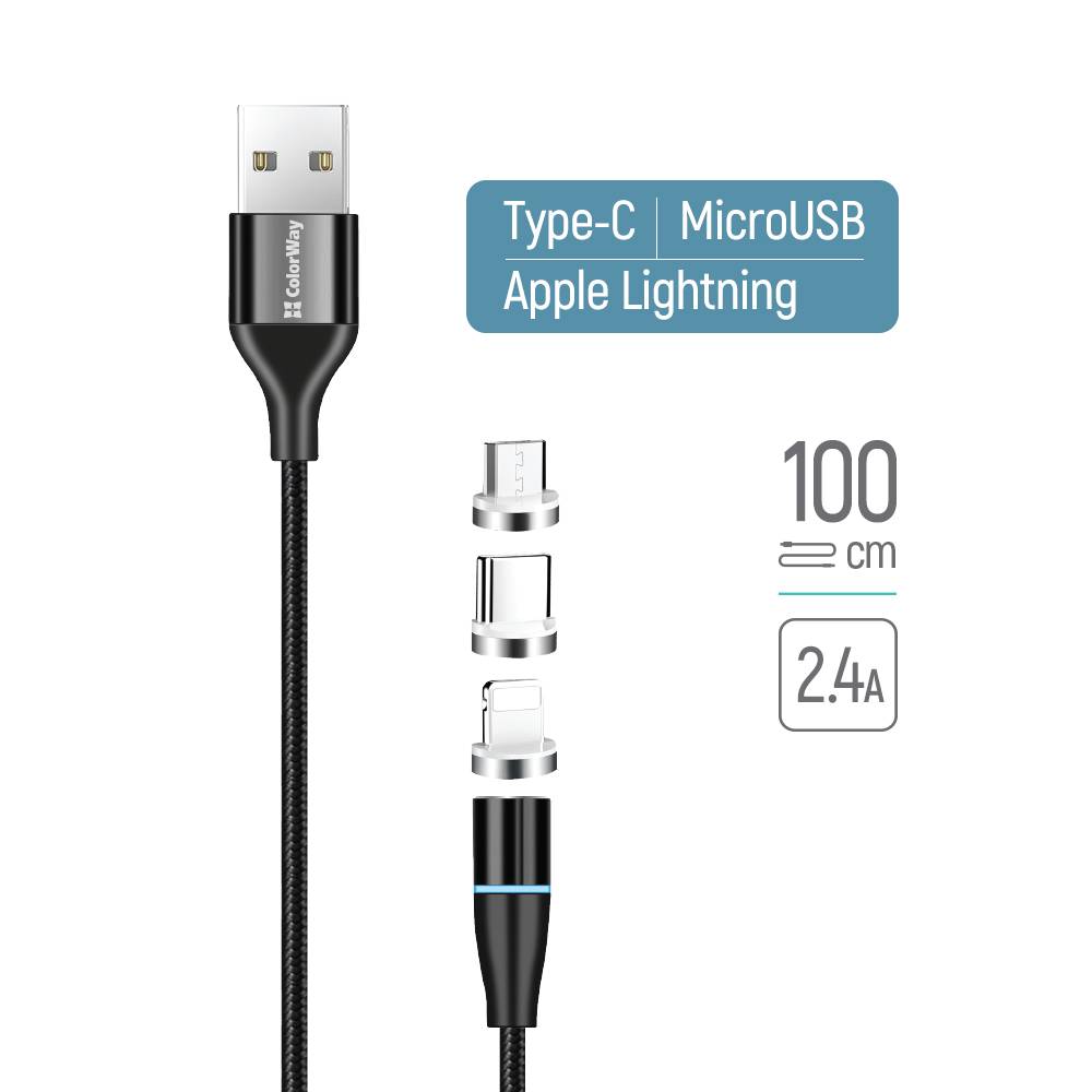 Ladekabel ColorWay USB – Lightning+MicroUSB+Type-C magnetische Daten/Schnellladung 2,4A 1m schwarz