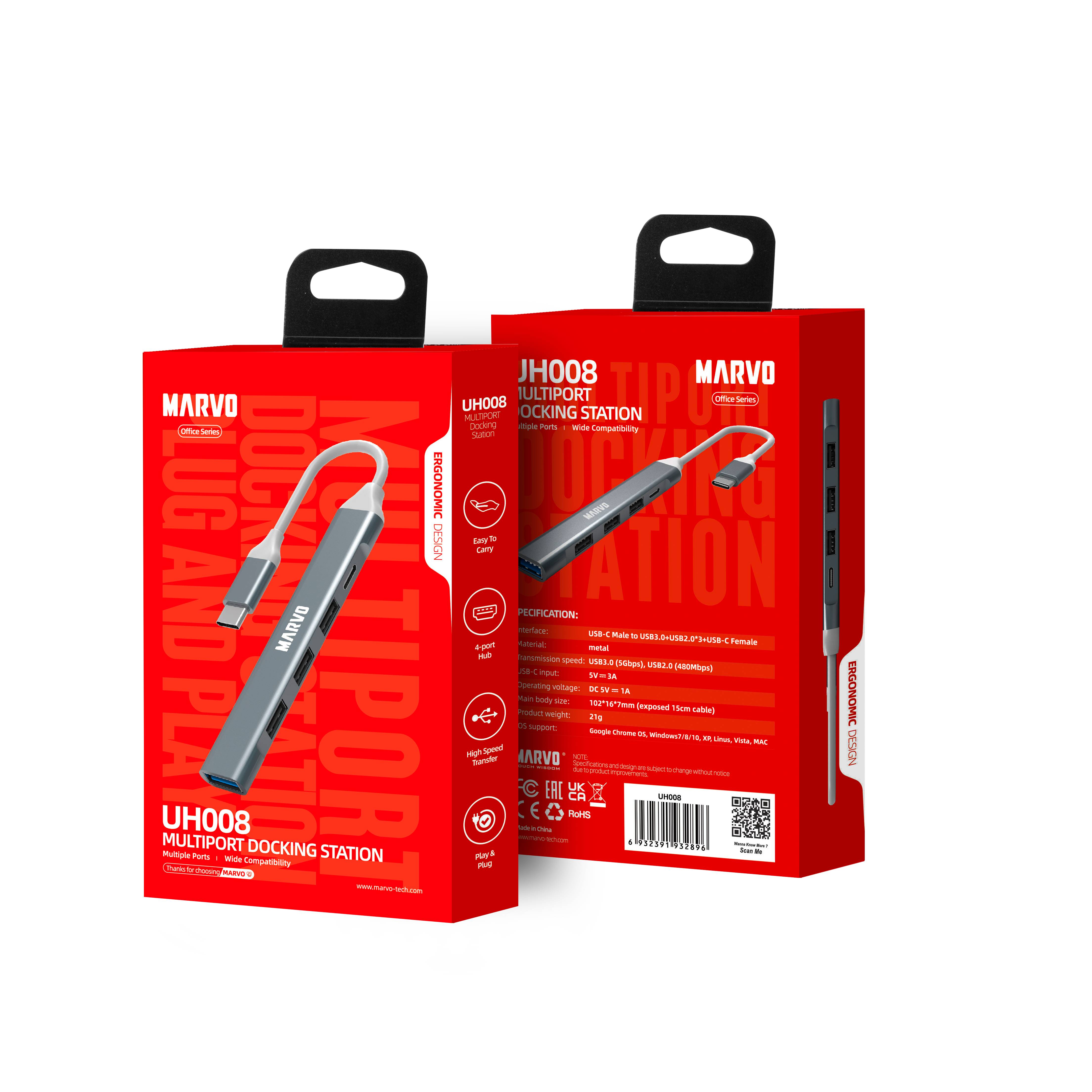 MARVO UH008 USB HUB (USB C to A 3x USB 2.0 1xUSB 3.0)