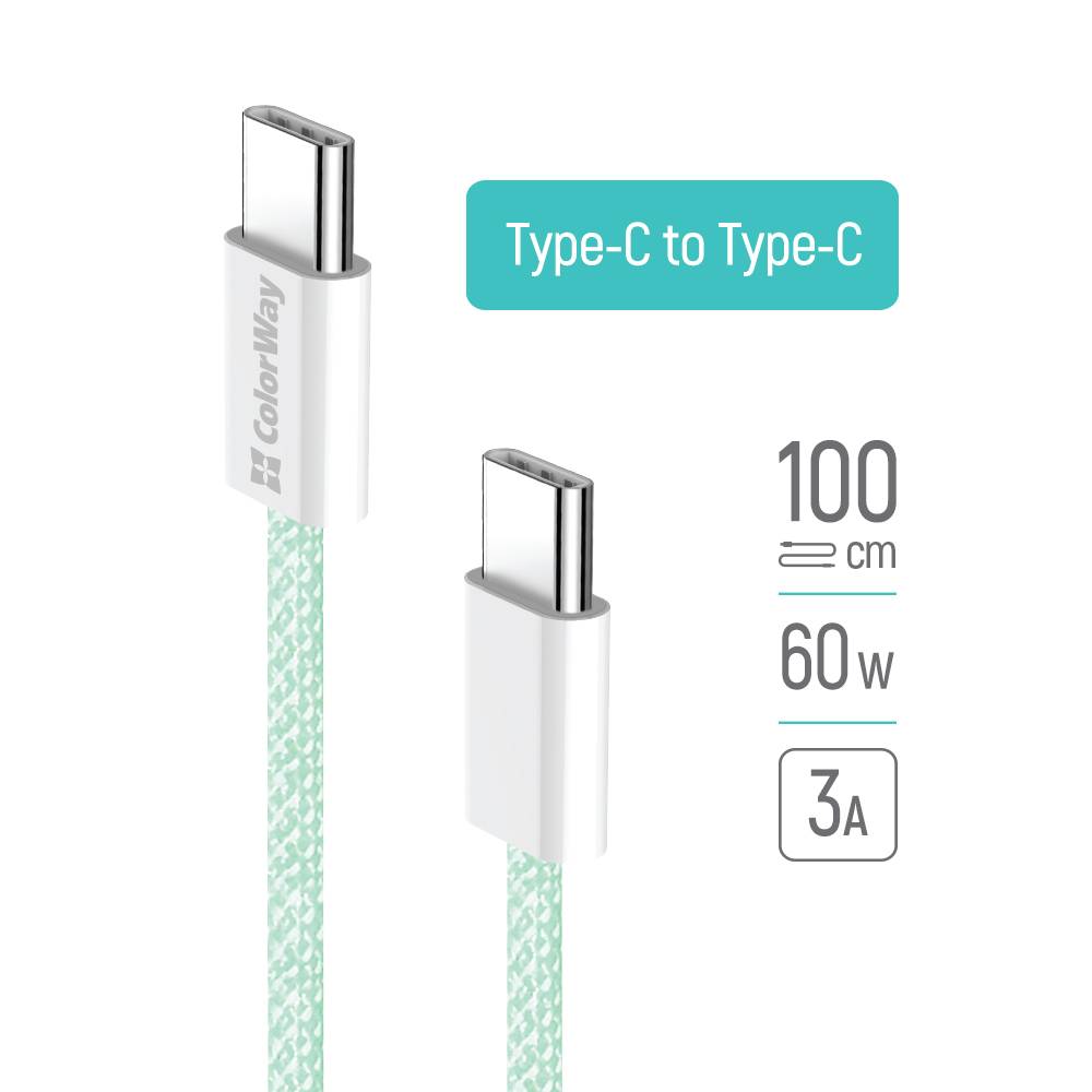COLORWAY USB-C zu USB-C Kabel, 100 cm, 60W PD Schnellladung, Geflochtenes Design, Grün