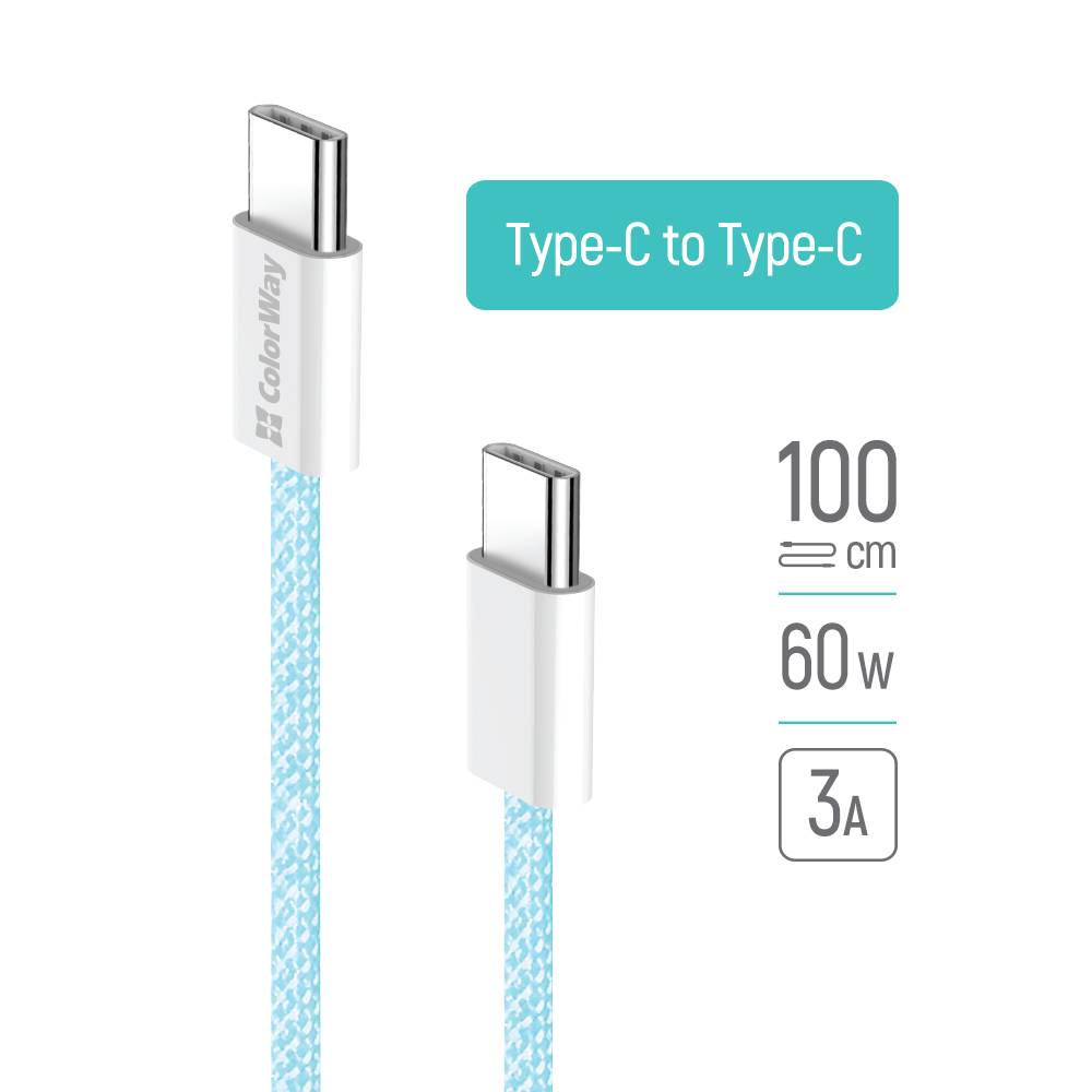 COLORWAY USB-C zu USB-C Kabel, 100 cm, 60W PD Schnellladung, Geflochtenes Design, Blau