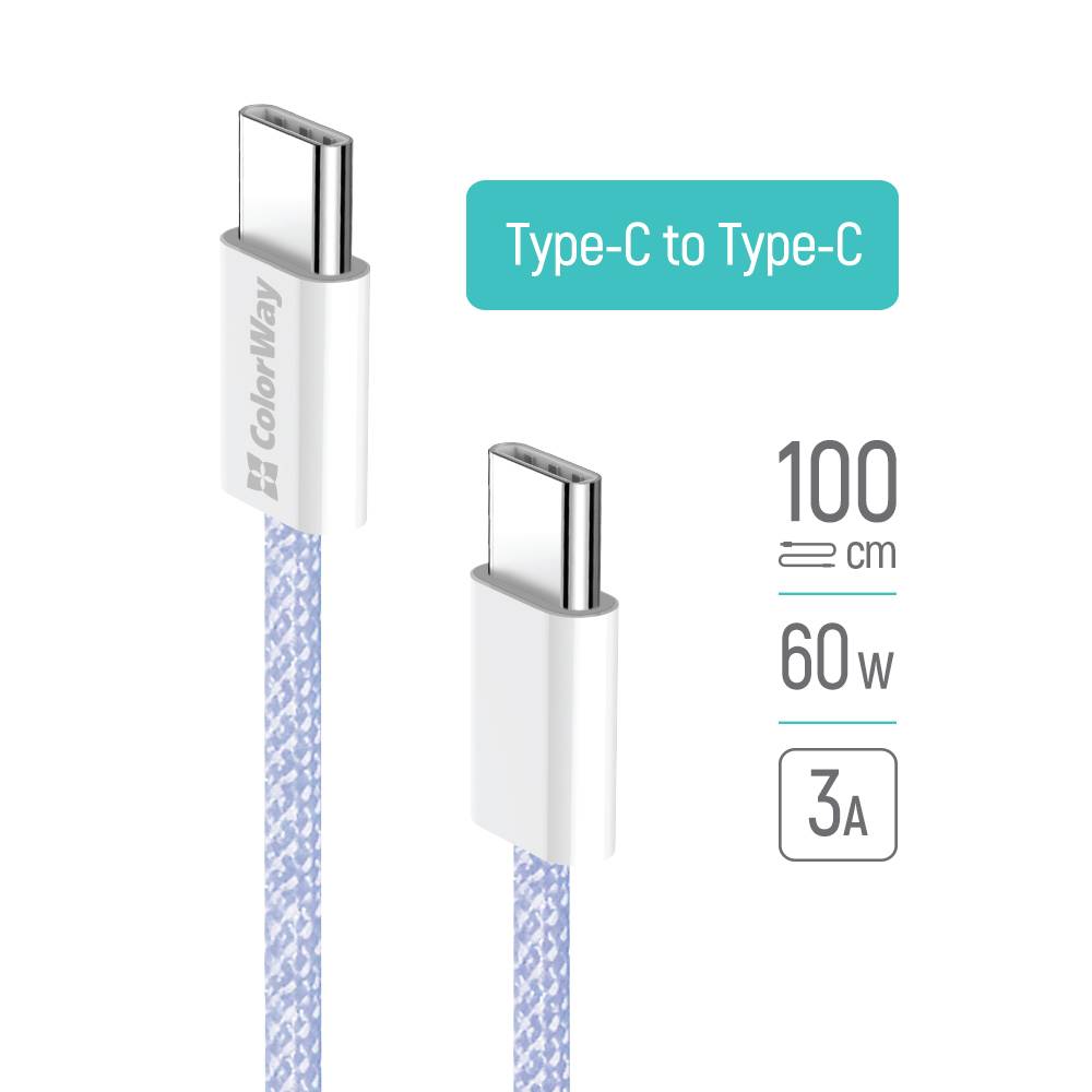 COLORWAY USB-C zu USB-C Kabel, 100 cm, 60W PD Schnellladung, Geflochtenes Design, Lila