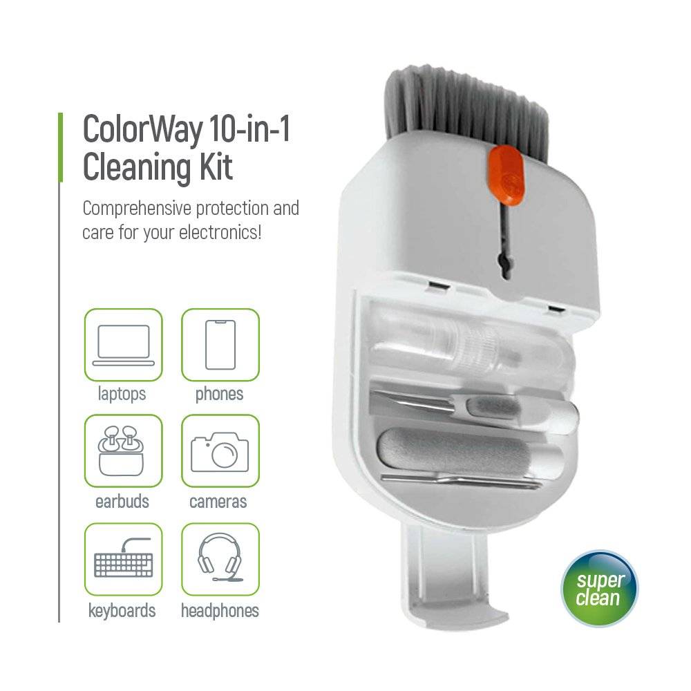 ColorWay 10-in-1 Reinigungsset für Elektronik | Für Kopfhörer, Tastatur, Display & Objektive | Mit Bürsten, Mikrofasertuch, SIM-Tool & Handyhalter