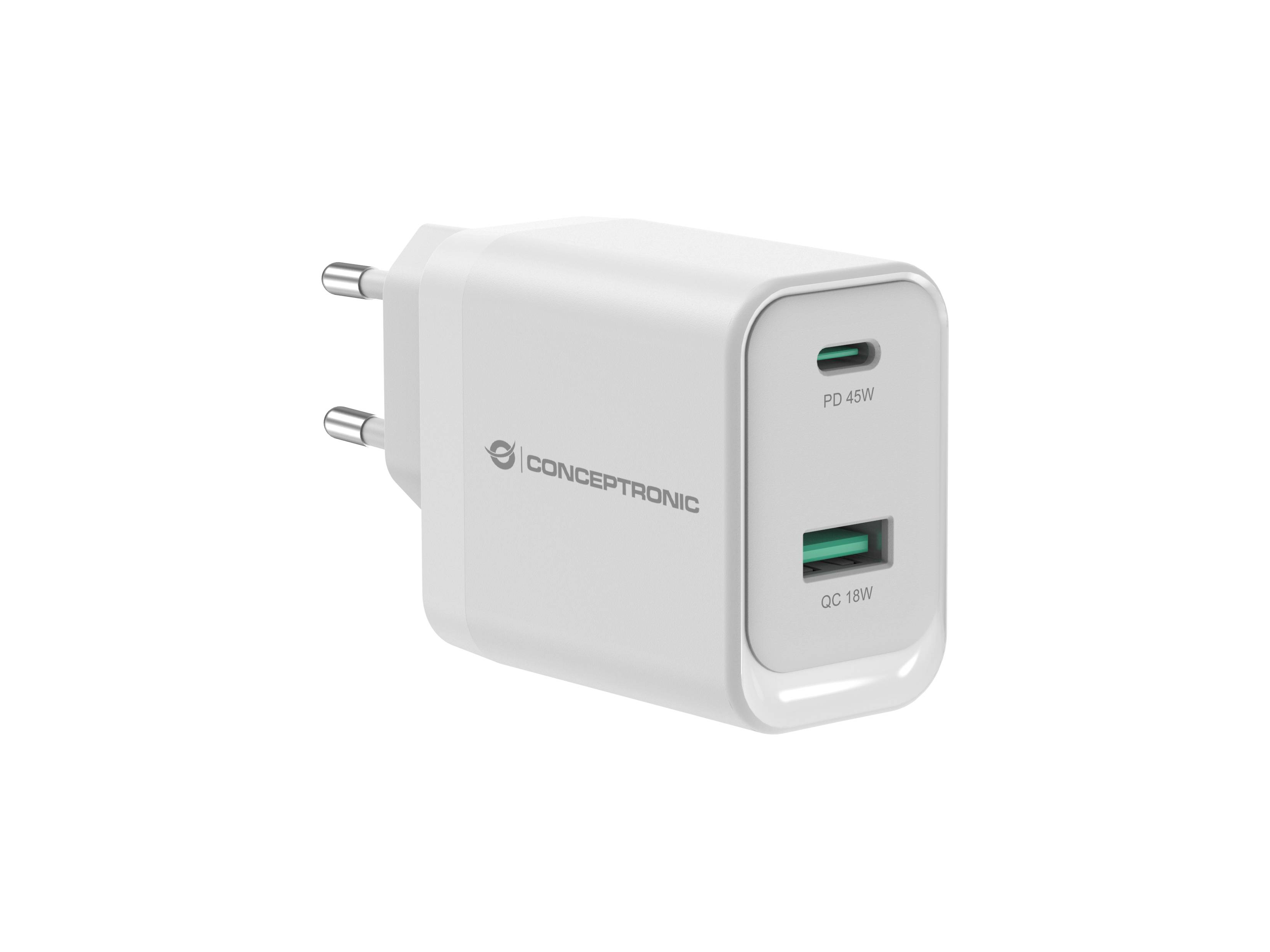 Conceptronic ALTHEA20W45 2-Port 45W GaN USB-PD-Ladegerät, USB-C x 1, USB-A x 1, QC 3.0, PPS, PD 3.0, Drinnen, AC, 20 V, Weiß