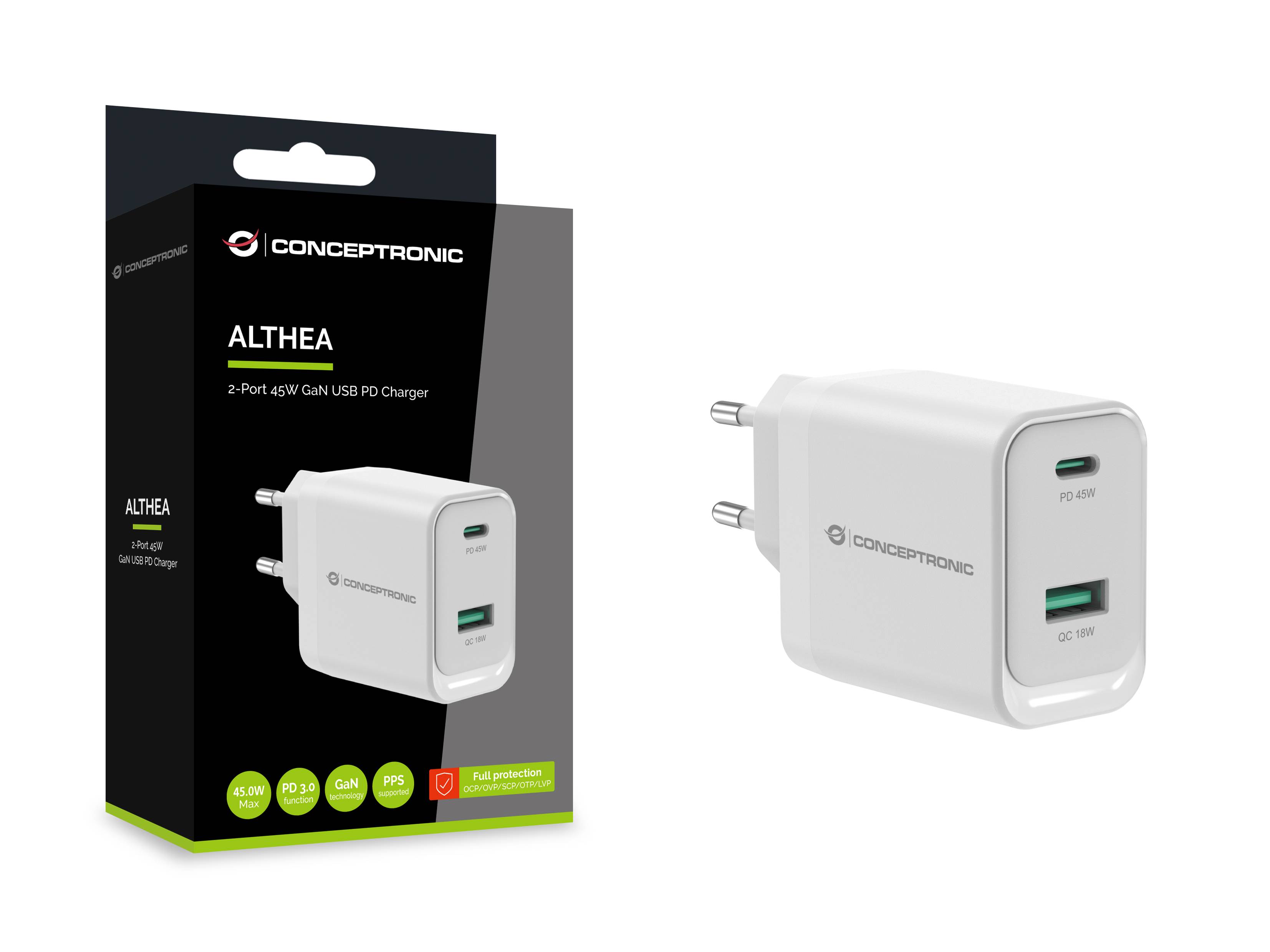 Concepttronic ALTHEA 2-Port 45W USB-Wandladegerät, gezeigt in der Verpackung und als das weiße Ladegerät mit USB-C- und USB-A-Anschlüssen.