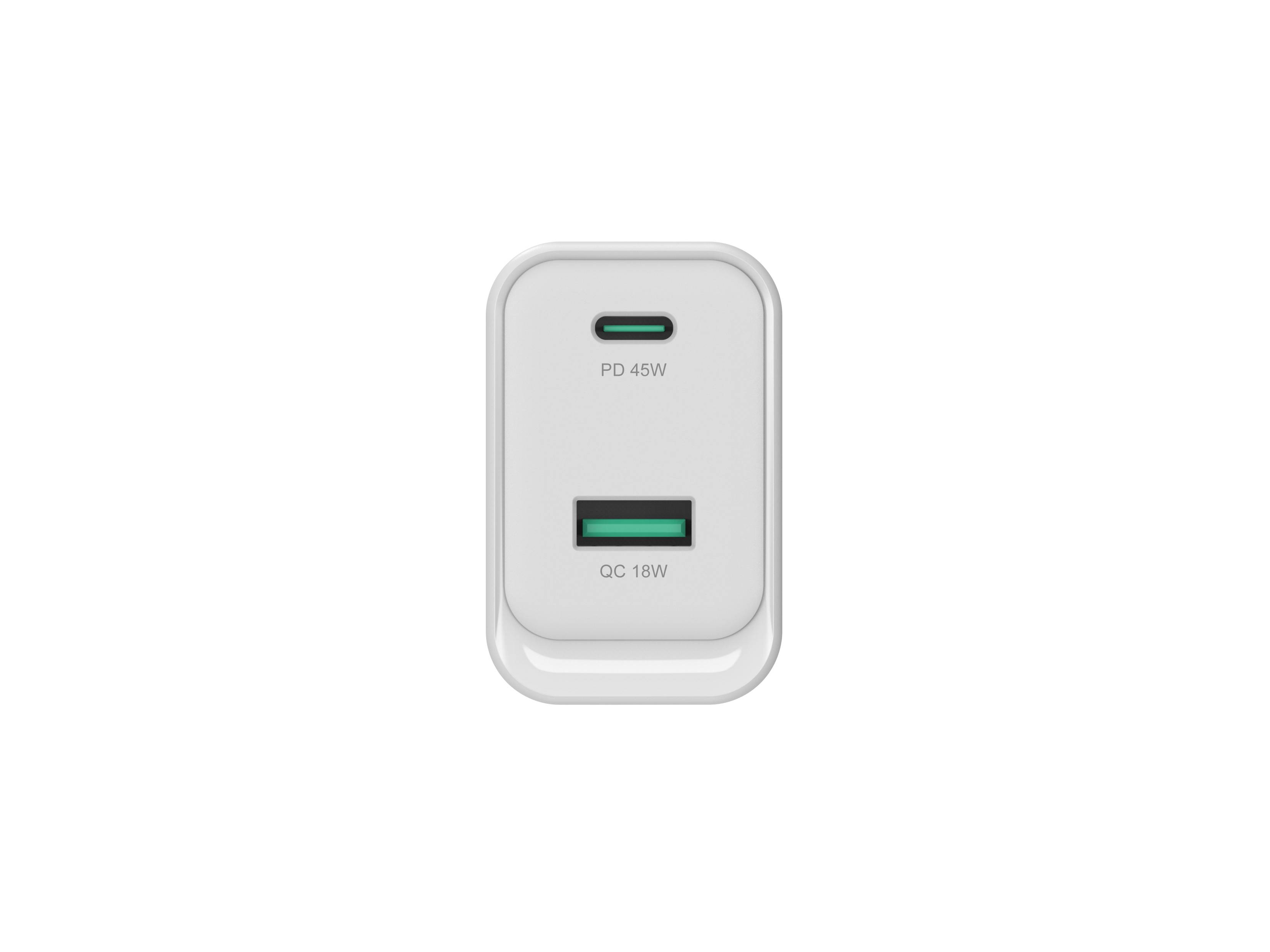 Weißes Wandladegerät mit zwei USB-Anschlüssen mit den Bezeichnungen PD 45W und QC 18W.