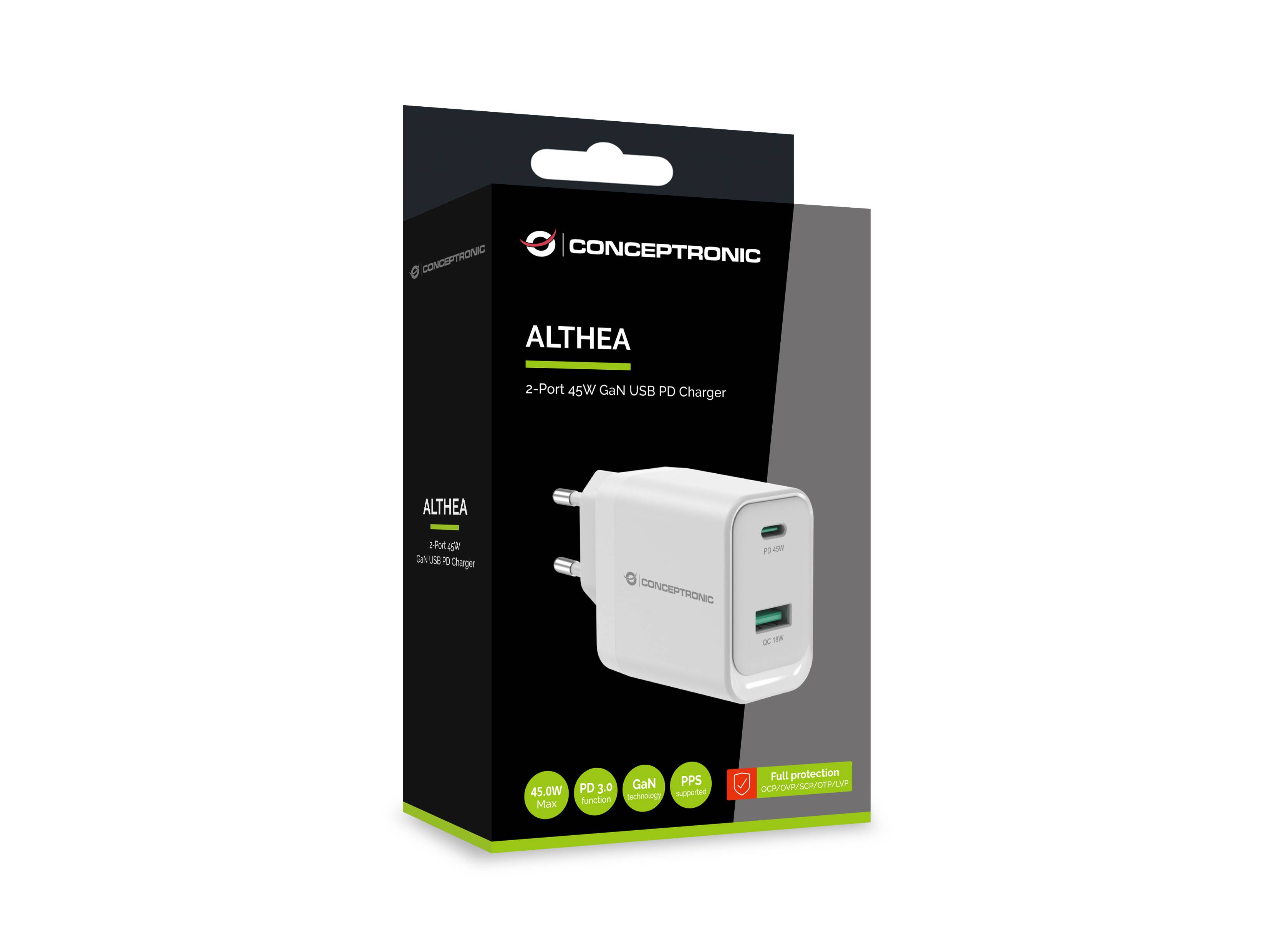 Produktbox für Concepttronic ALTHEA 2-Port 45W GaN USB PD Ladegerät, zeigt ein weißes Wandladegerät auf schwarzer Verpackung.