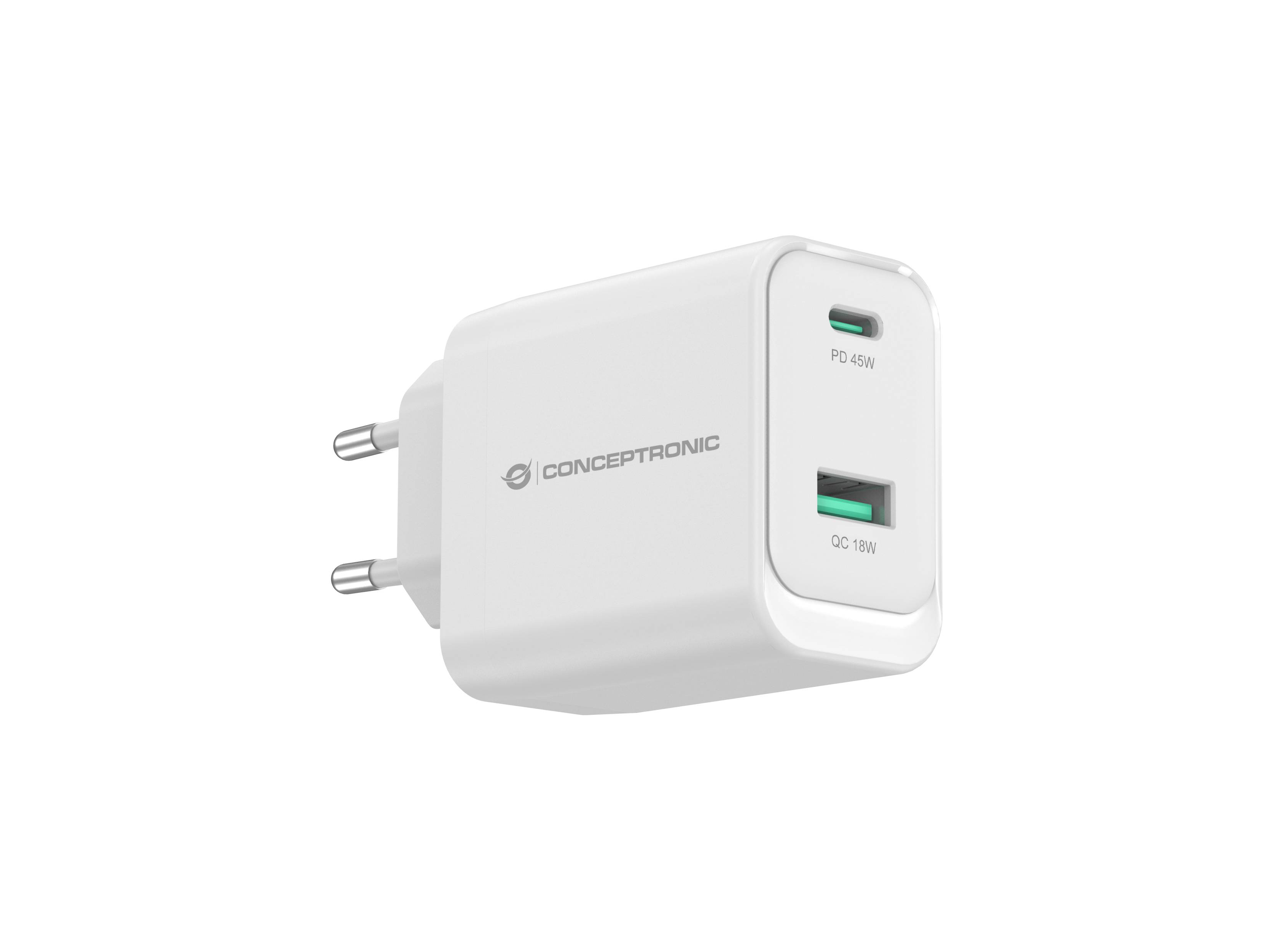 Weiß, Conceptronic Wandladegerät mit zwei USB-Anschlüssen, gekennzeichnet mit PD 20W und QC 18W, auf einfachem Hintergrund gezeigt.