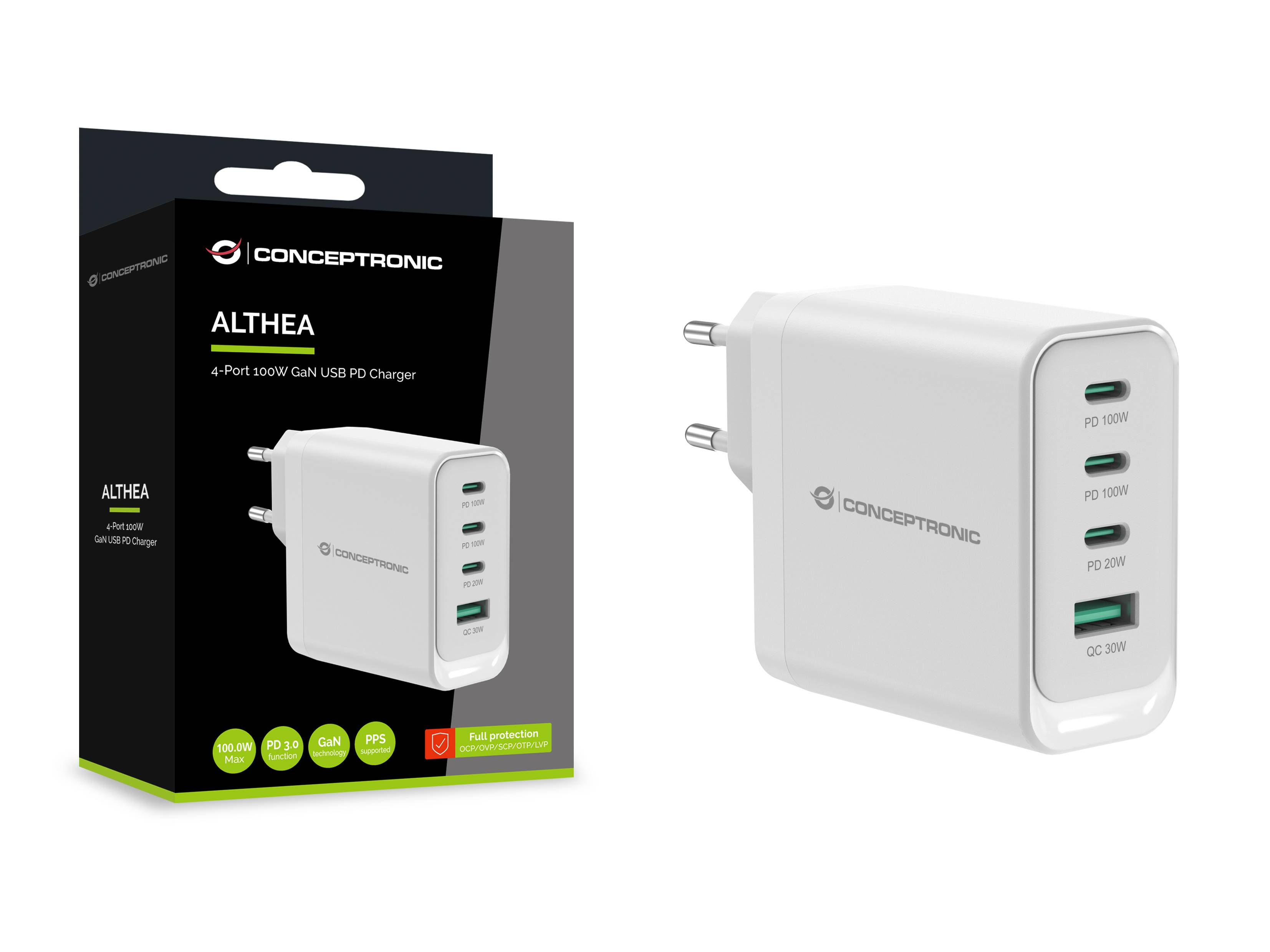 Conceptronic CARICATORE USB PD GaN a 4P da 100 W ALTHEA22W100 USB-C x 3 USB-a 1