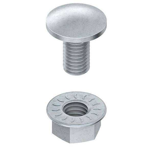 Eine Edelstahlschraube mit abgerundeter Kopfform und einer Sechskantmutter mit gezacktem Flansch, verwendet zum Befestigen von Bauteilen.