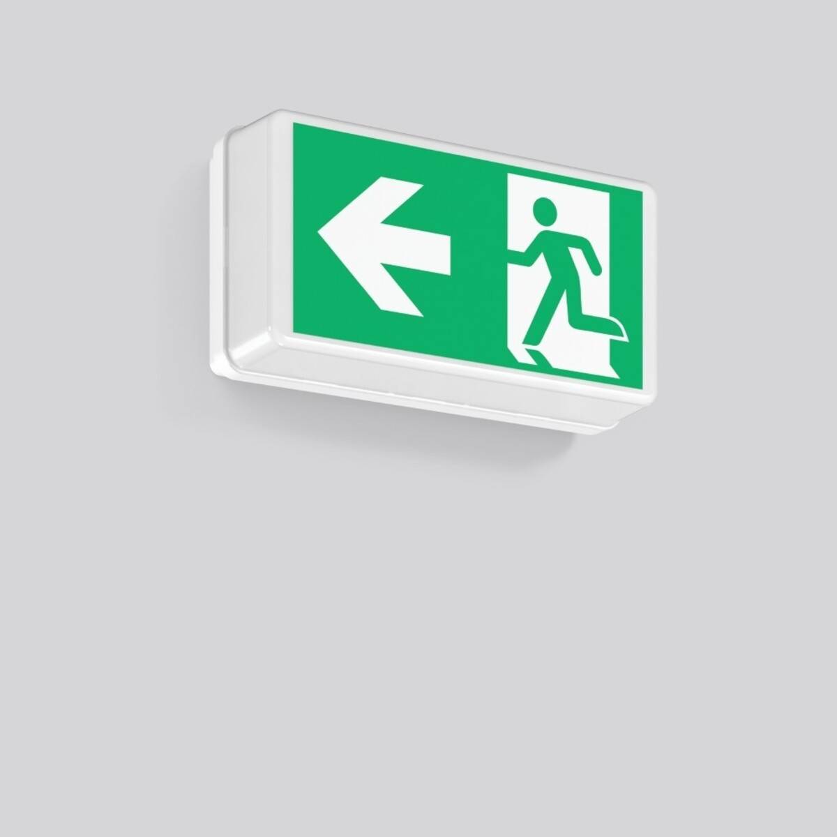 Grünes Notausgangszeichen mit einem nach links zeigenden Pfeil und einem Laufer-Symbol auf einer wandmontierten Leuchtkaste.
