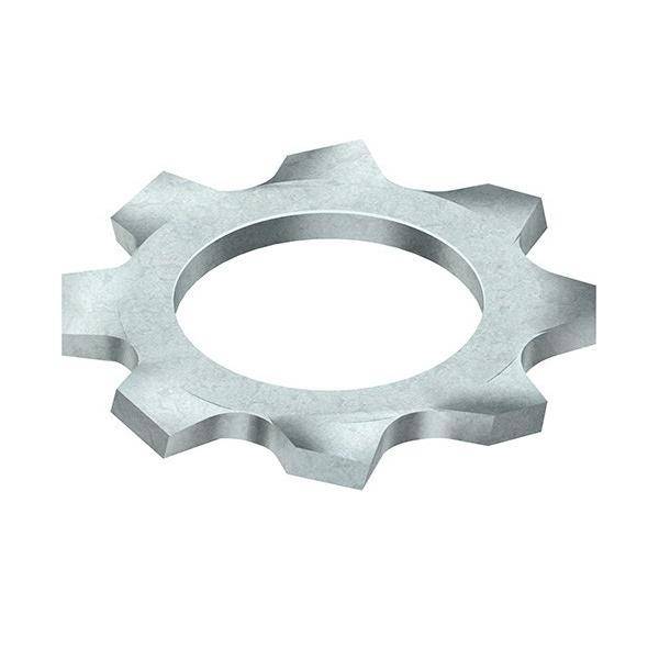 Ein metallisches Zahnrad mit einem kreisförmigen Zentrum und gezackten Kanten, von oben betrachtet.