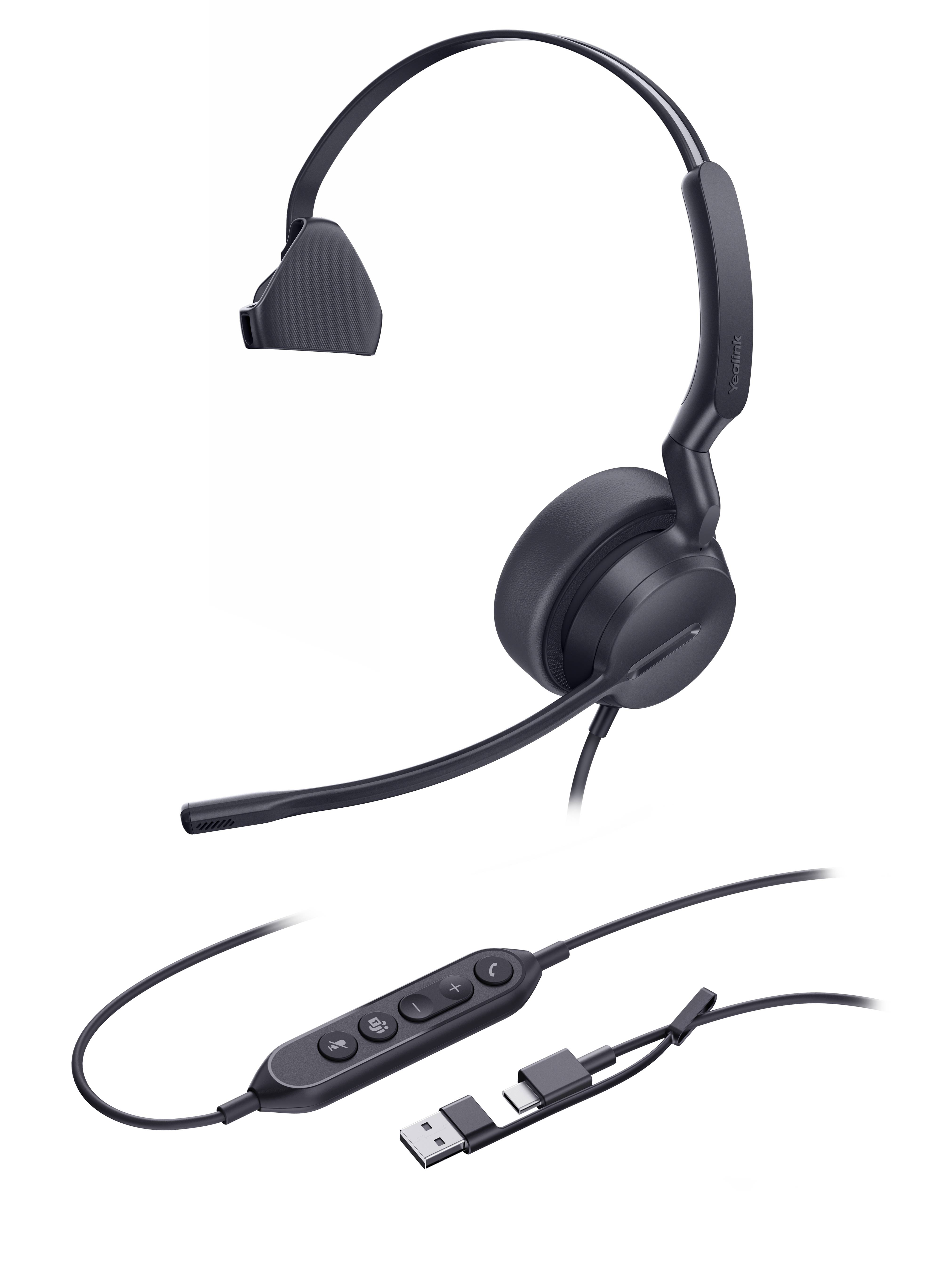 Schwarze Over-Ear-Kopfhörer mit Boom-Mikrofon und Inline-Bedienelementen, abgebildet mit USB-Kabel auf schwarzem Hintergrund.