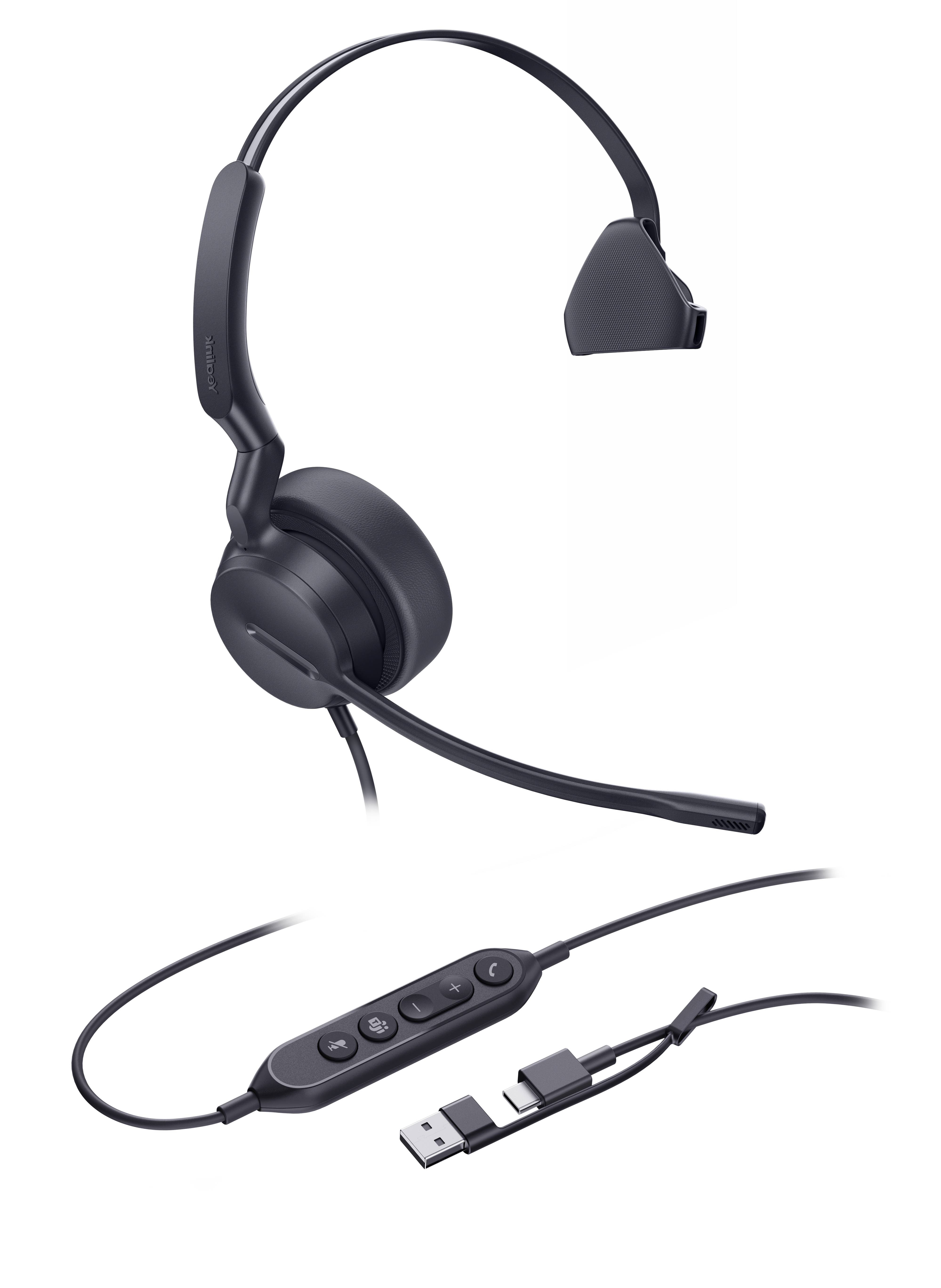 Schwarzes Over-Ear-Headset mit Boom-Mikrofon und Inline-Steuertasten, abgebildet mit USB-Kabel auf schwarzem Hintergrund.