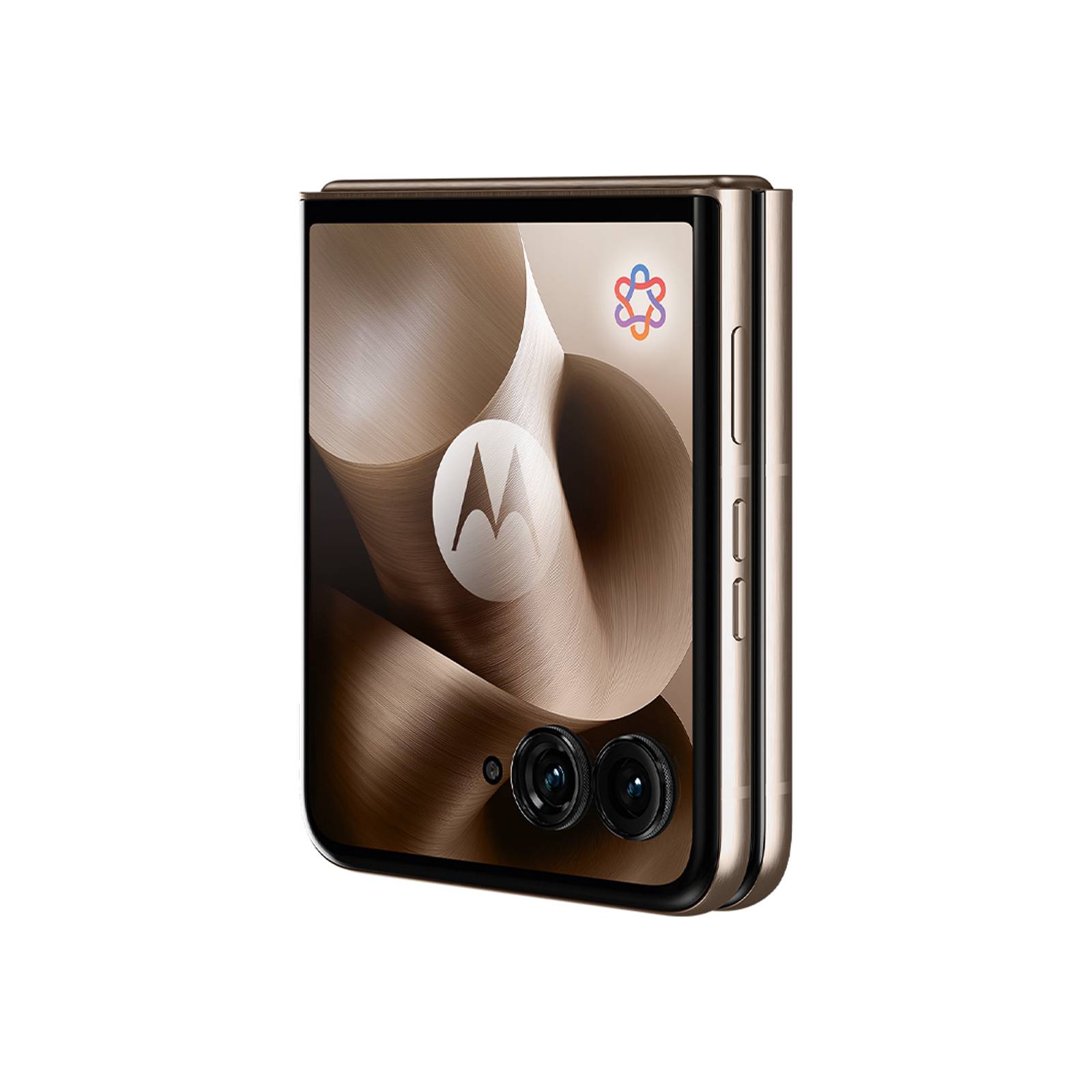Zusammenklappbares Motorola-Smartphone in geschlossenem Zustand in Gold dargestellt, mit Doppel-Rückfahrtkameras und Motorola-Logo auf dem vorderen Display.