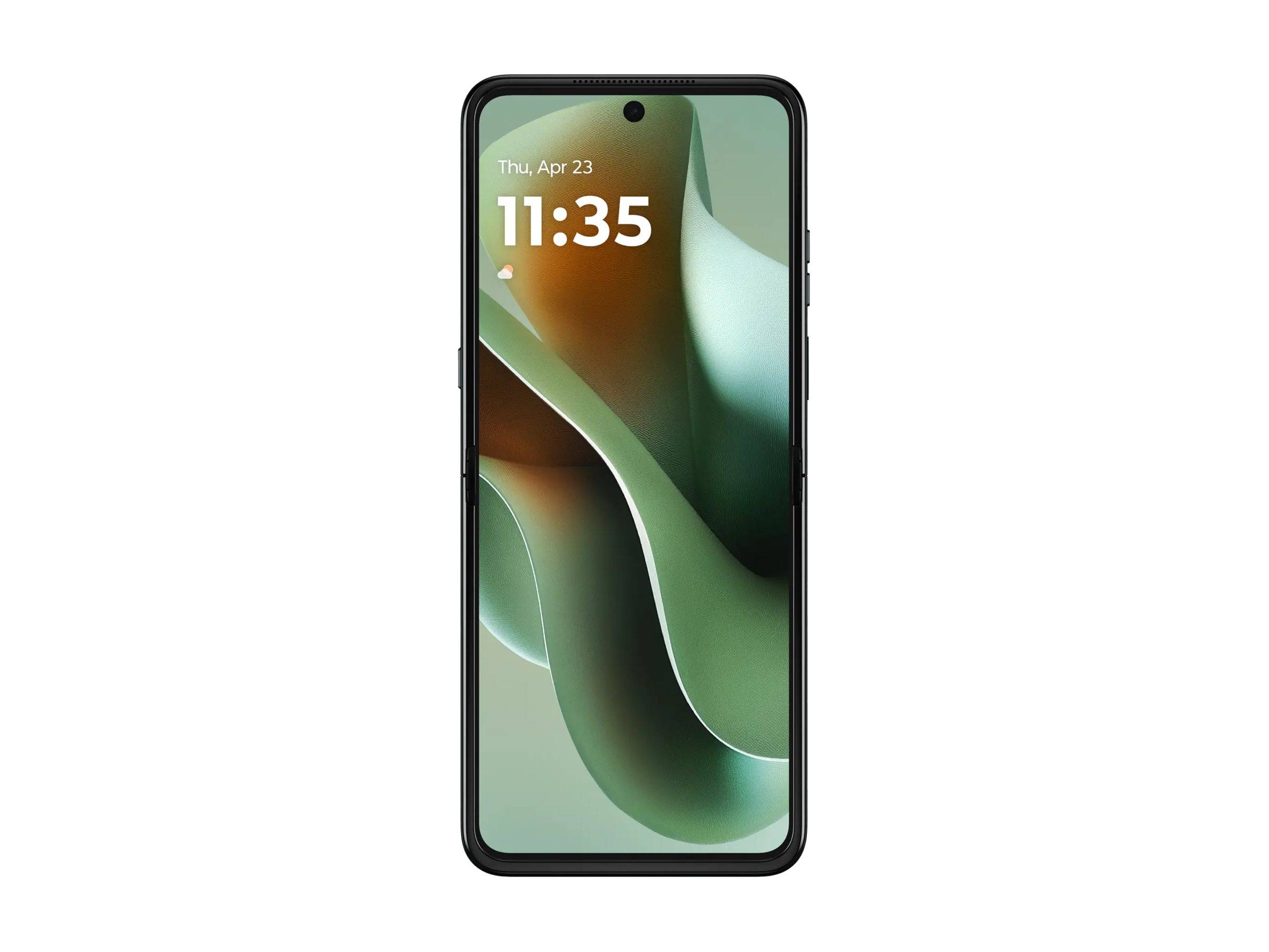 Ein schwarzes Smartphone von vorne mit einem grünen abstrakten Hintergrundbild und der Uhrzeit 11:35 auf dem Bildschirm angezeigt.