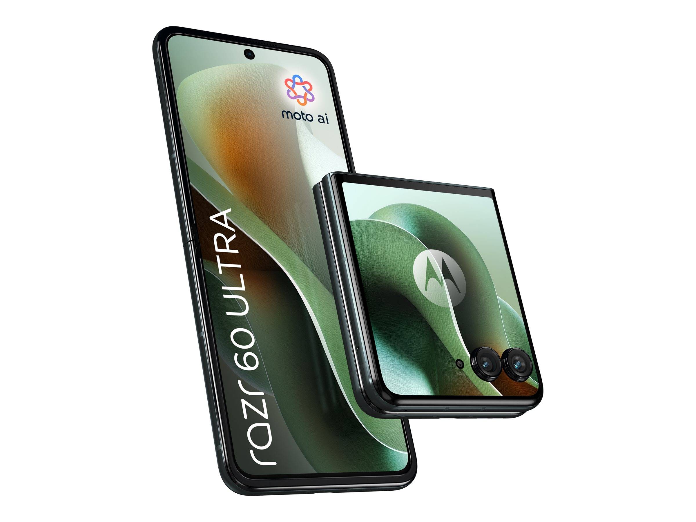 Werbebild zweier faltbarer Motorola Razr 60 Ultra Telefone in Grün, eines offen mit „razr 60 ULTRA