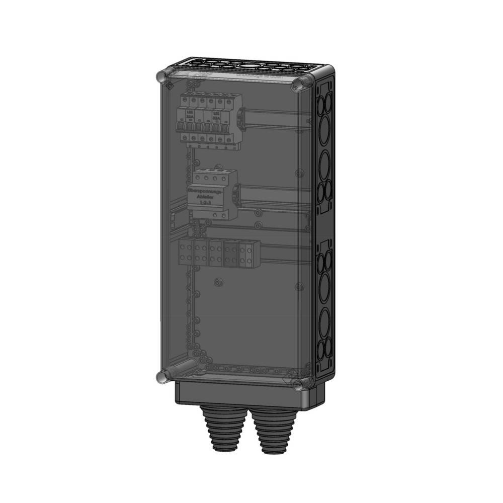 3D-Modell einer rechteckigen elektronischen Verteilerdose mit zwei Kabelausgängen am Boden und internen Halterungen für Komponenten.