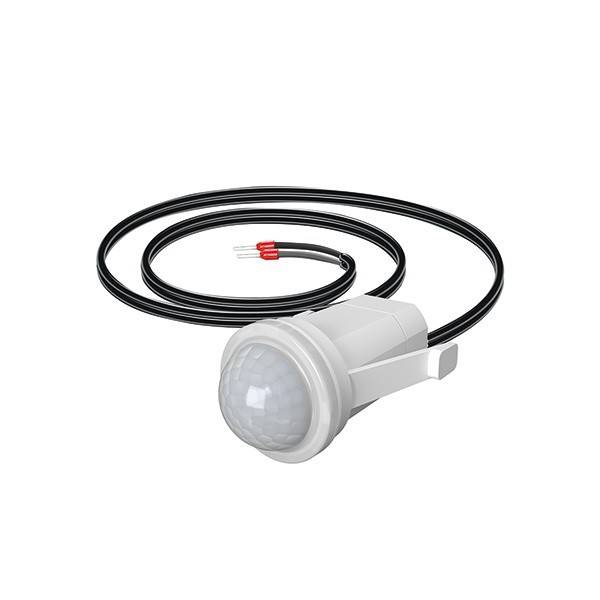 Weißer Bewegungsmelder mit Kabel, vor einem einfachen Hintergrund dargestellt.