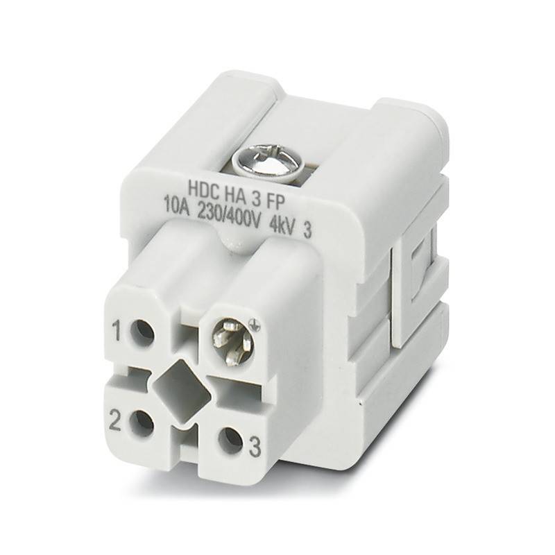 Grauer elektrischer Anschluss mit drei beschrifteten Anschlüssen: 1, 2 und 3. Gekennzeichnet mit 10A, 230/400V und 4kV. Zentrale Schraube zur sicheren Befestigung.