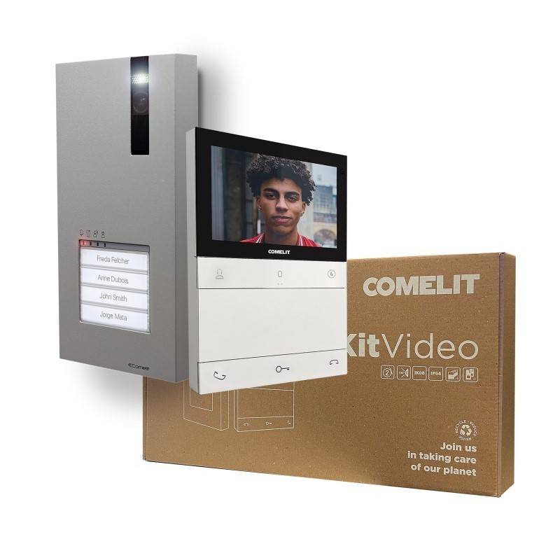 Comelit KitVideo Gegensprechanlage mit einer Videoanzeige, die eine Person zeigt. Kasten mit Text „Helfen Sie uns, unseren Planeten zu schützen.