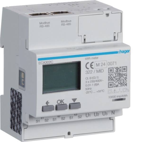 Hager ECA002C digitales kWh-Messgerät mit LCD-Display, Modbus RS-485 und Anschlussbezeichnungen auf einem weißen DIN-Schienen-Gerät.