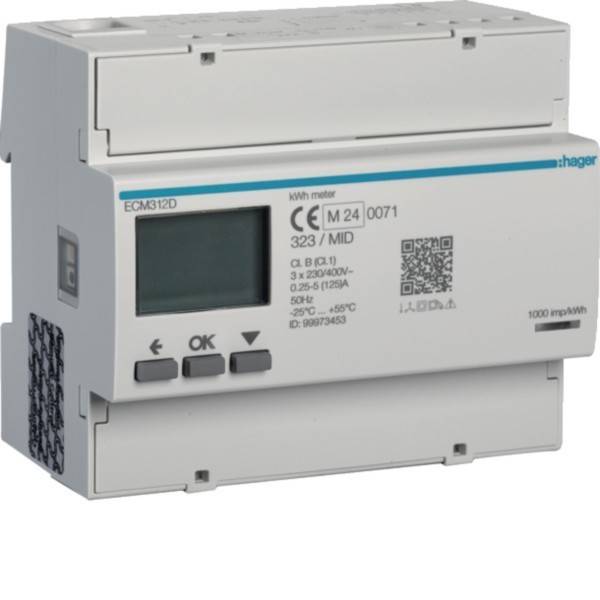 Weißes Hager ECM312D kWh-Stromzähler mit LCD-Display, OK-Taste, QR-Code und Modell-/Spezifikationsetiketten auf der Vorderseite.
