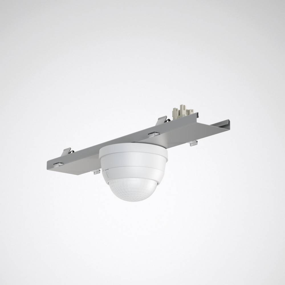 Ein weißer, an einer Metallhalterung befestigter Deckensensor vor einem neutralen Hintergrund.