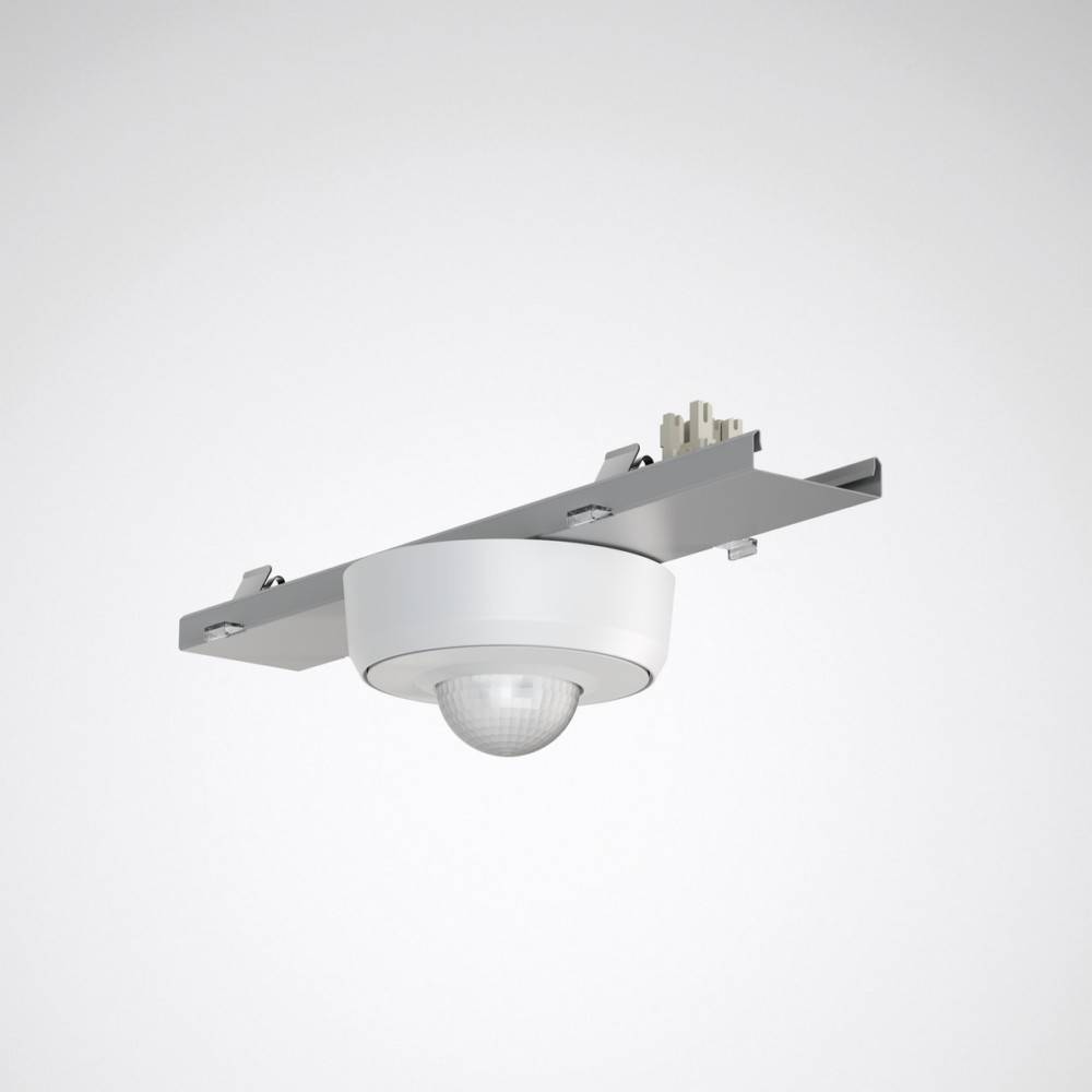 Weißer, deckenmontierter Bewegungssensor mit einer kleinen Kuppel und Metallhalterungen zur Befestigung. Der Sensor ist für die Erkennung von Bewegungen konzipiert.