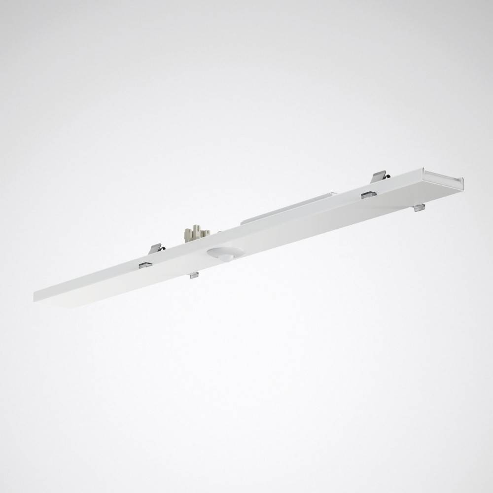 Eine lineare, weiße Deckenleuchte mit modernem Design, horizontal montiert.
