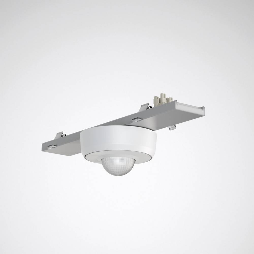 Ein deckenmontierter Sensor mit kreisförmigem Design, der Teil eines Beleuchtungs- oder Umweltkontrollsystems ist.